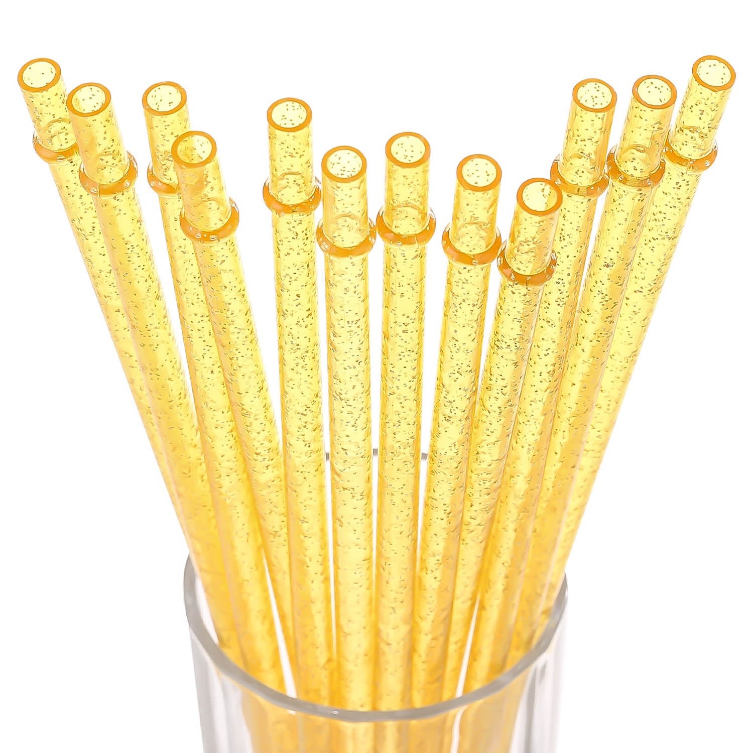 Dakoufish Bpa-Free 12 Piece 11 Inch Reusable Clear Plastic Glitter Sparkle Drinking Straw Plus One Cleaning Brush (Yellow,11Inch