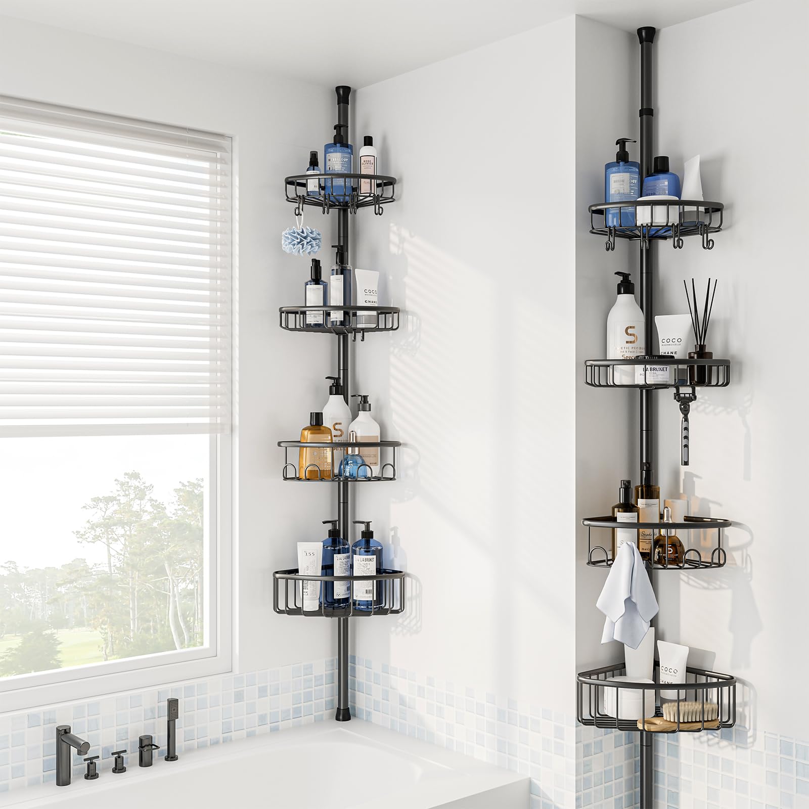 Corner Shower Caddy Tension Pole: Stainless Steel Rustproof 4-Tier Shower Organizer - 47-121 Inch Adjustable Bathroom Shelves Fo