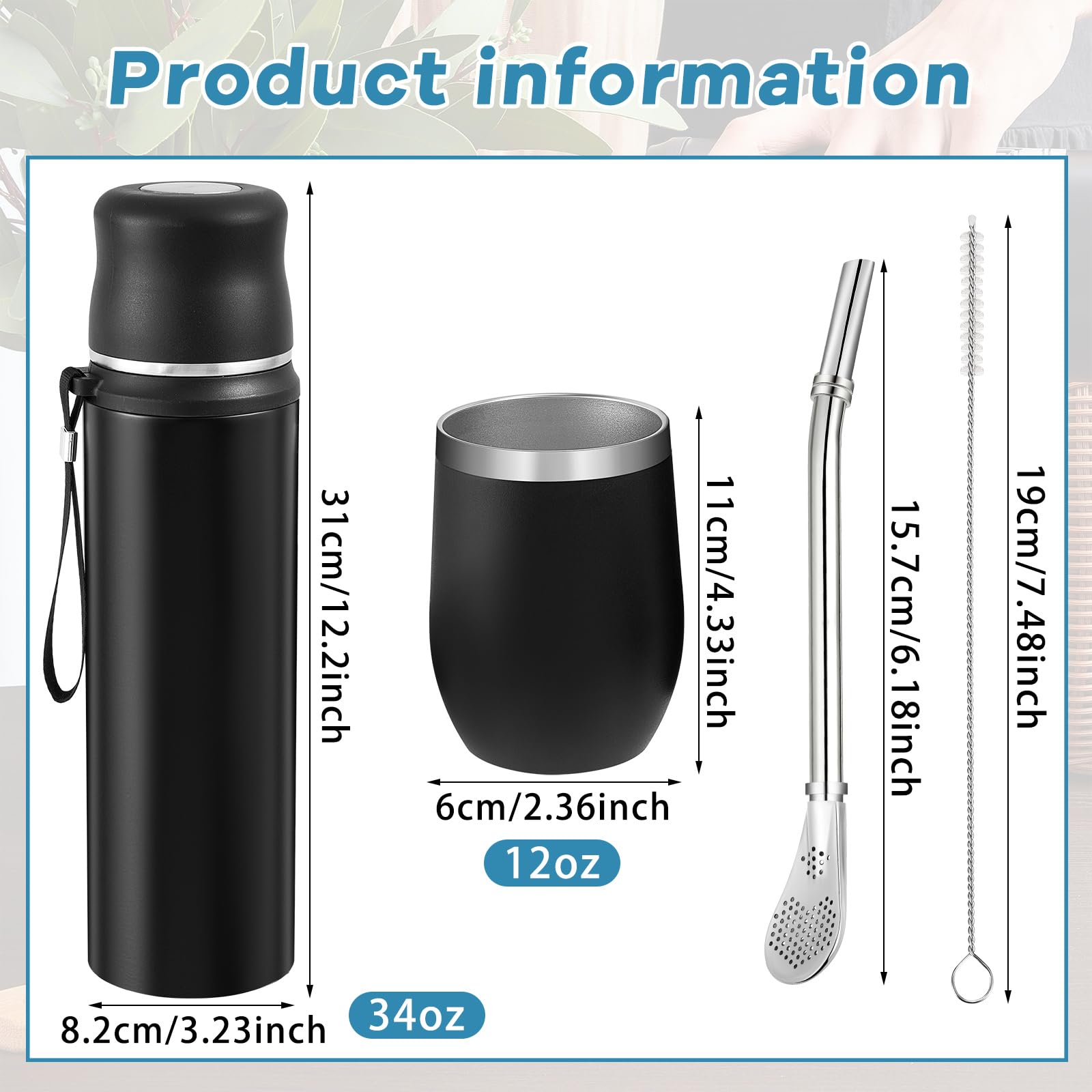 Dandat 2 Pieces Yerba Mate Cup And Vacuum Bottle Set Yerba Mate Kit 12 Oz Yerba Mate Gourd Mate Cup And Bombilla Set For Travel,