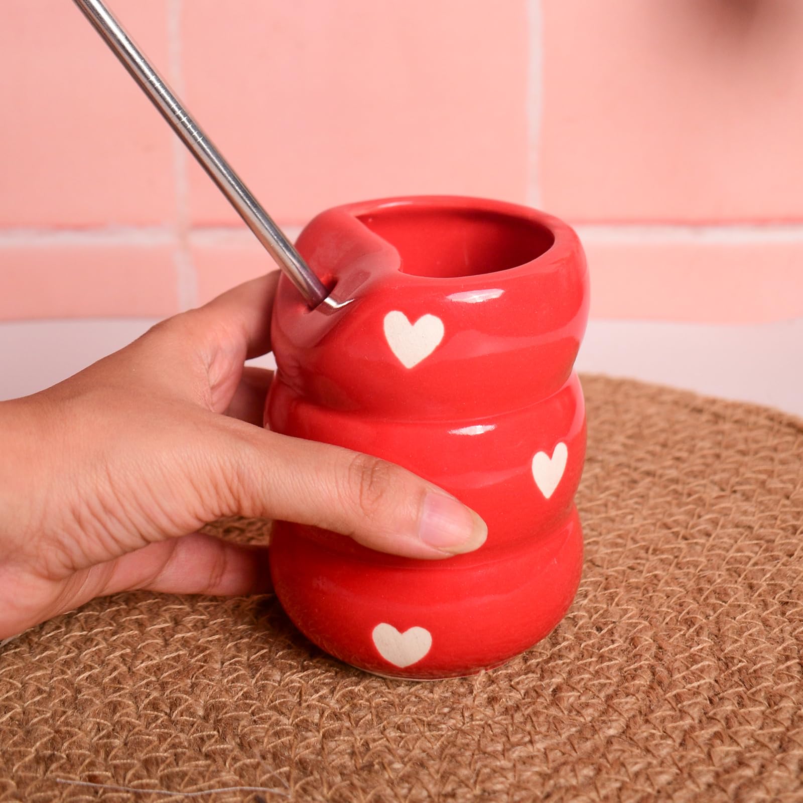 Sip Bubble Ceramic Tumbler with Stainless Steel Straw | Red Heart Pattern, Handmade, Drinkware | 220 ML