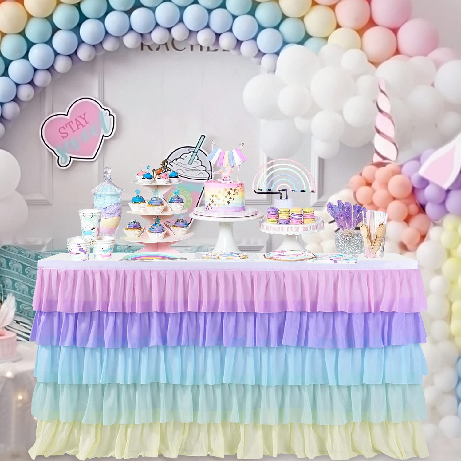 Rainbow Table Skirt Tutu Unicorn Tablecloth For Birthday Party Baby Shower Unicorn Party Table Cloth 9Ft