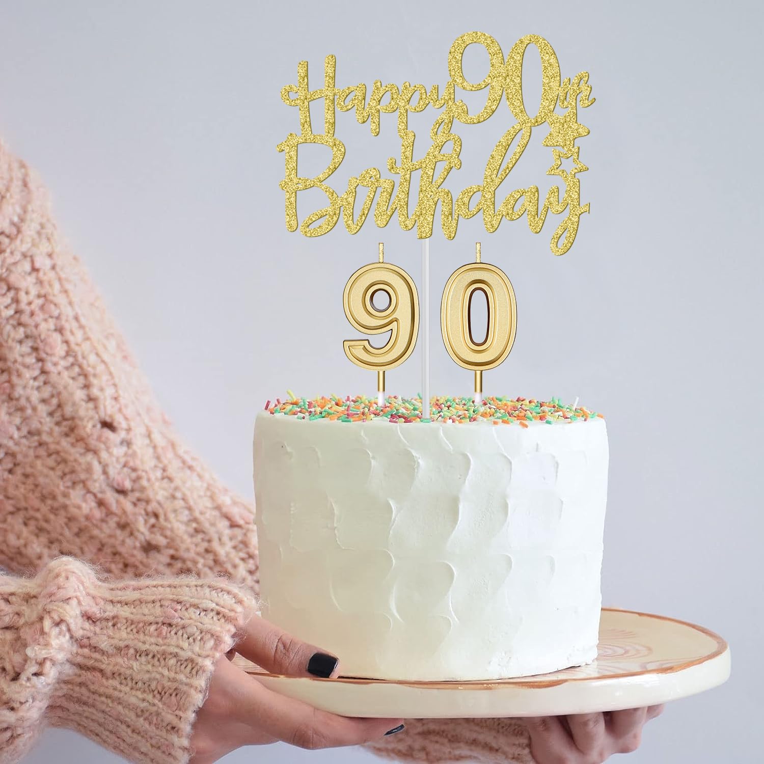 90Th Birthday Decorations For Women Gold With 90Th Birthday Sash And Tiara, 90Th Birthday Cake Topper And 90 Candles, Big 90 Bir