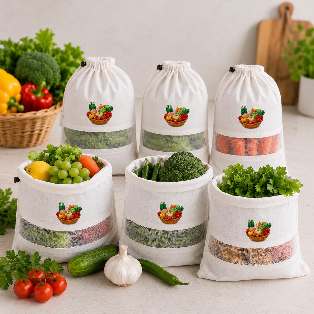 Pack Of 6 Cotton Vegetable Storage Bags For Fridge | Reusable Mesh Vegetable Bag For Refrigerator | 13 X 10 Inch Drawstring Frid
