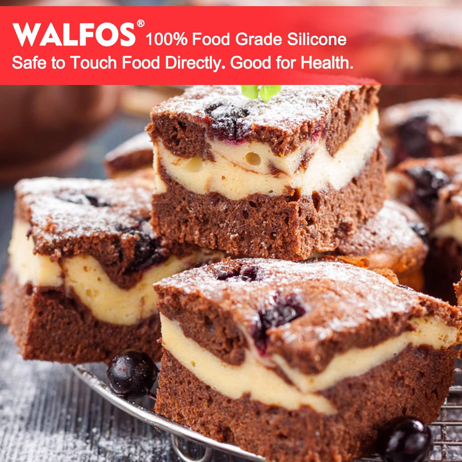 Walfos Silicone Square Cake Pan, 8 Inch, Red, Bpa Free, Non-Stick, Perfect For Brownies, Cakes, Bread, Pies, And Lasagna, Set Of