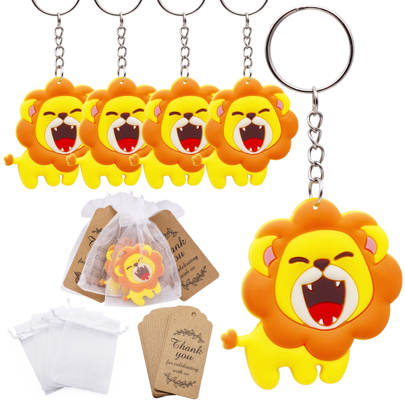 Cute Lion Keychain Birthday Party Favors 24 Sets Goodie Bags Gifts With Thank You Kraft Tags And White Gift Bags For Kid Jungle
