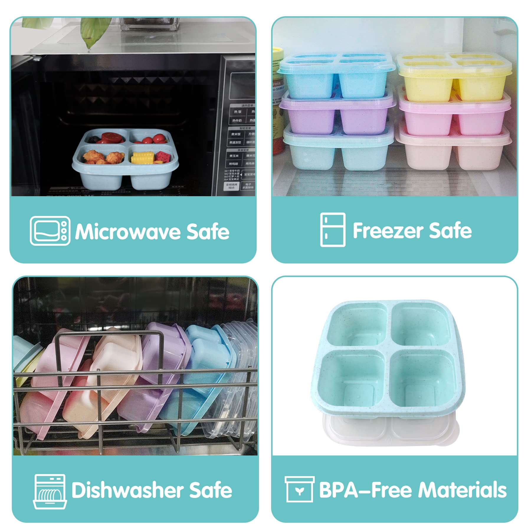 Finorder 3 Pack Wheat Straw Containers, 4 Compartment Reusable Snack Bento Box Toddler, Meal Prep Lunch Box Containers For Kids