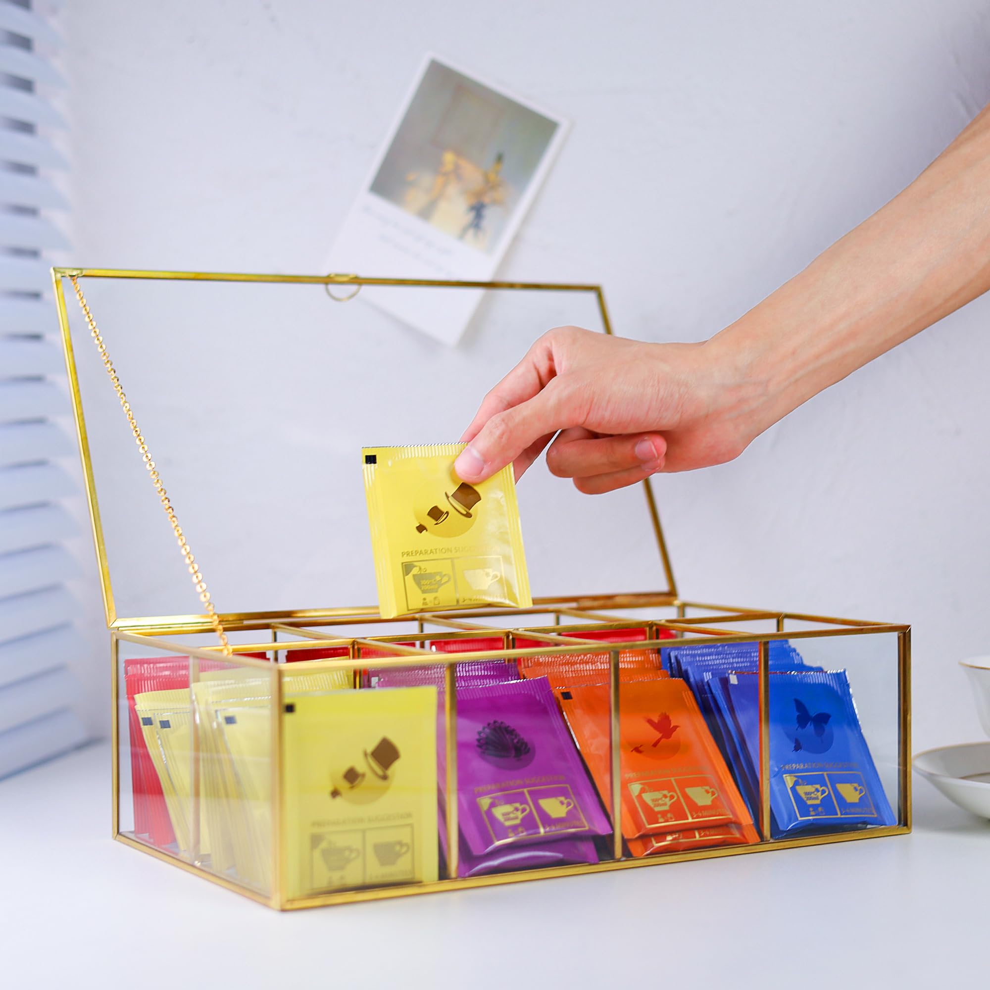 Redhugo Glass Tea Bag Organizer With 8 Compartments, Handmade Large Tea Bag Storage Box For Counter Kitchen, Tea Bag Holder,Tea