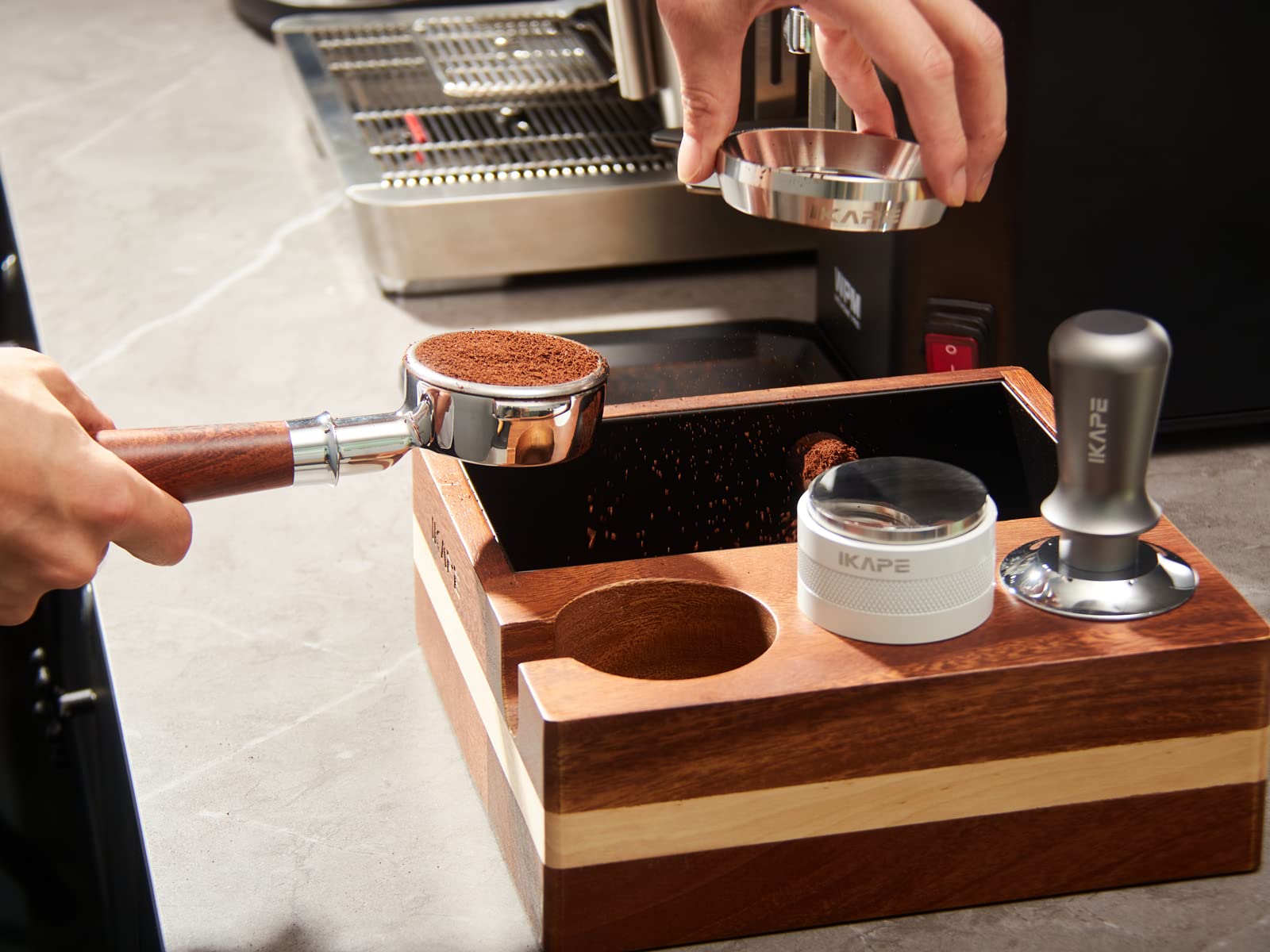 IKAPE Espresso Knock Box - 58MM Wood Organizer for Espresso Accessories, Natural Mahogany, Model IK-FenzV1