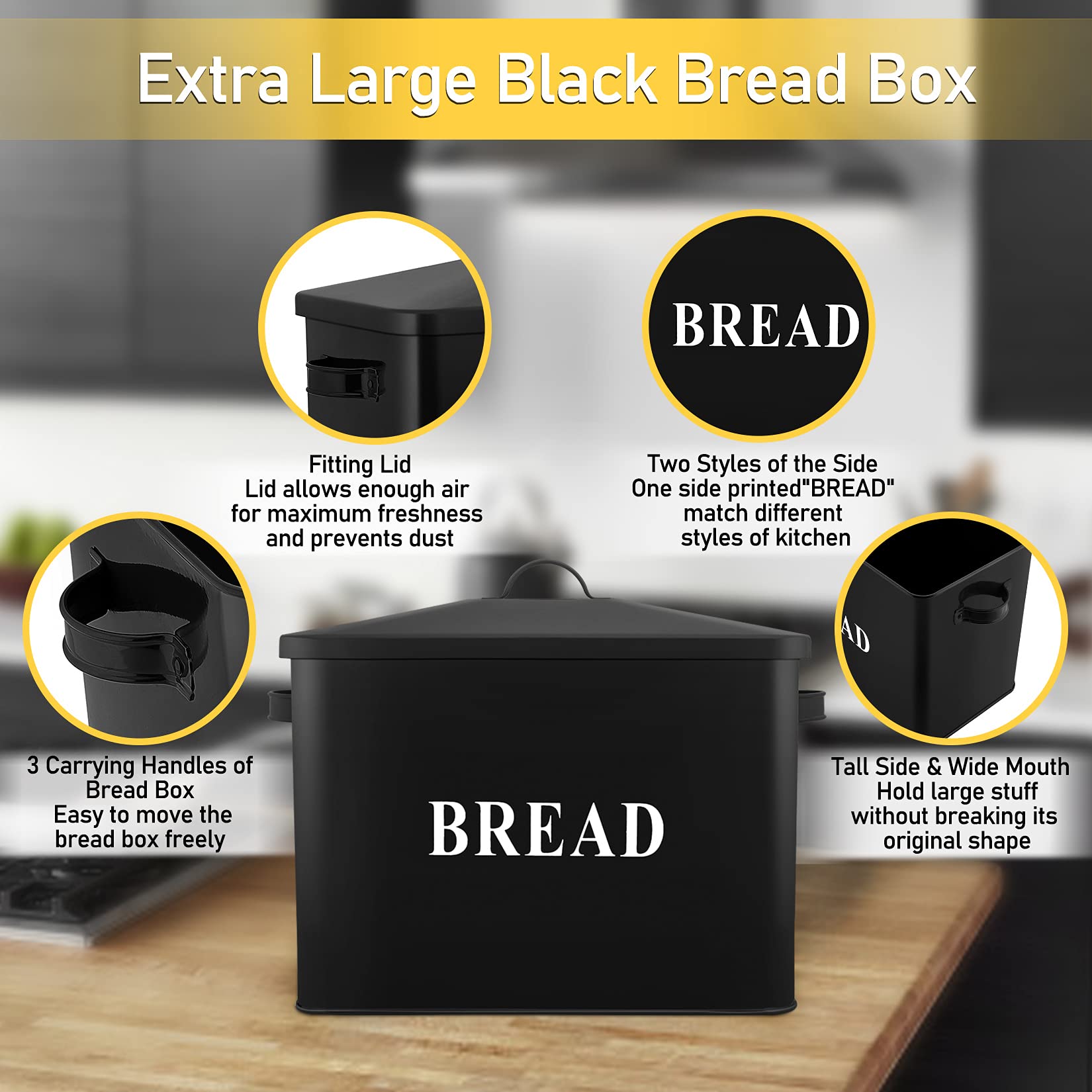 P&P Chef Extra Large Black Bread Box With Lid, Metal Bread Storage Container For Farmhouse Kitchen Countertop, 13.1    X 11.81