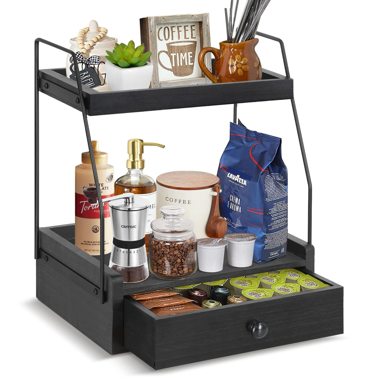 Rustic 2 Tier Coffee Bar Accessories Organizer Countertop, Coffee Station Organizer with Drawer, Coffee Pods Holder Condiment Or
