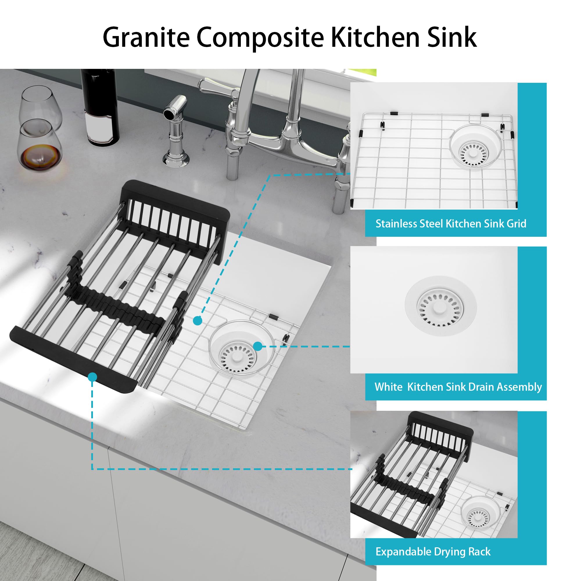 Monsinta Bar Sink,Bar Sink Undermount, 19'' X 17'' White Bar Sink, Undermount Kitchen Sink With Accessories, Quartz White Kitche