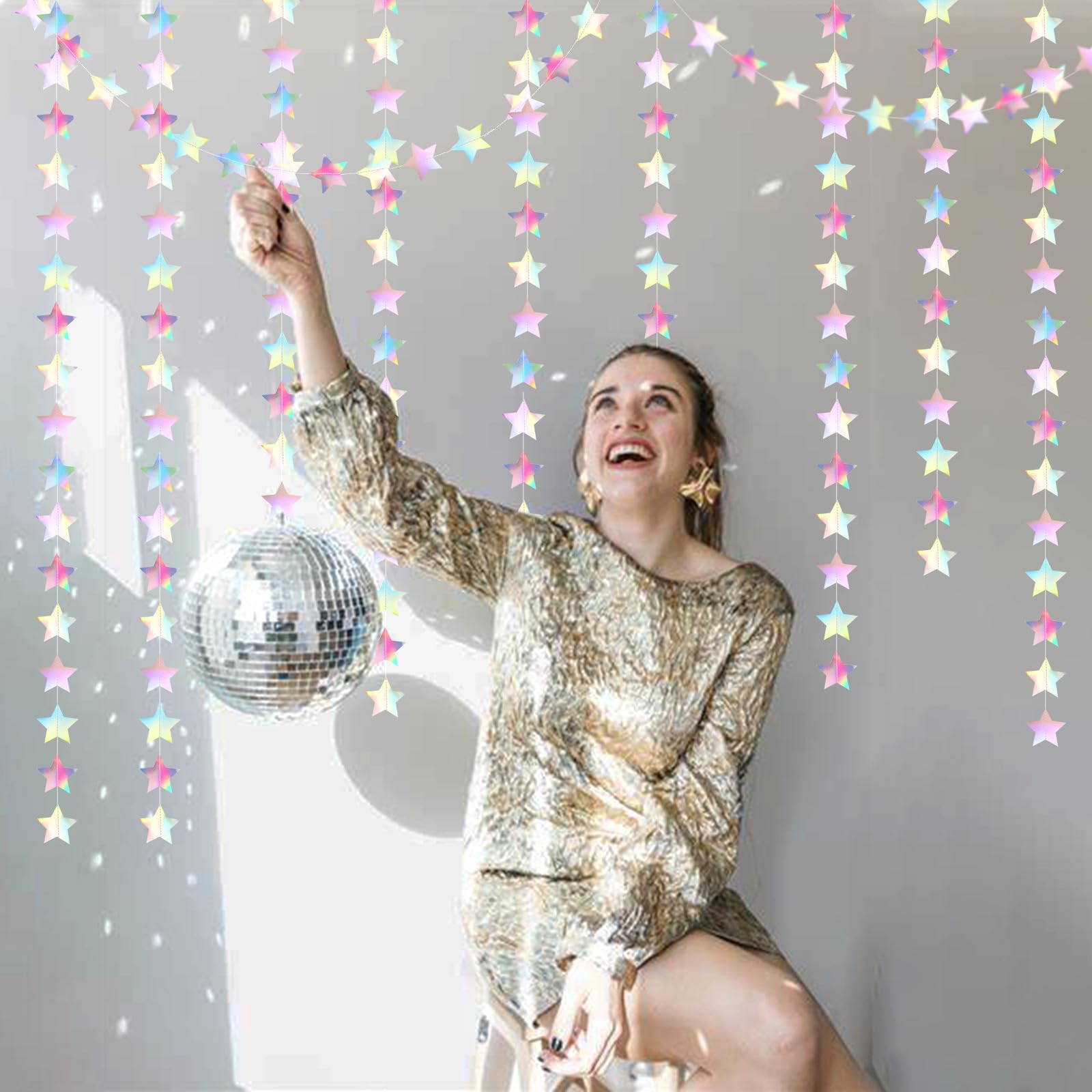 Iridescent Disco-Holographic Party-Decorations Christmas Garland - 62Ft Twinkle Little Star Streamers Hanging Banner,Wedding Bir
