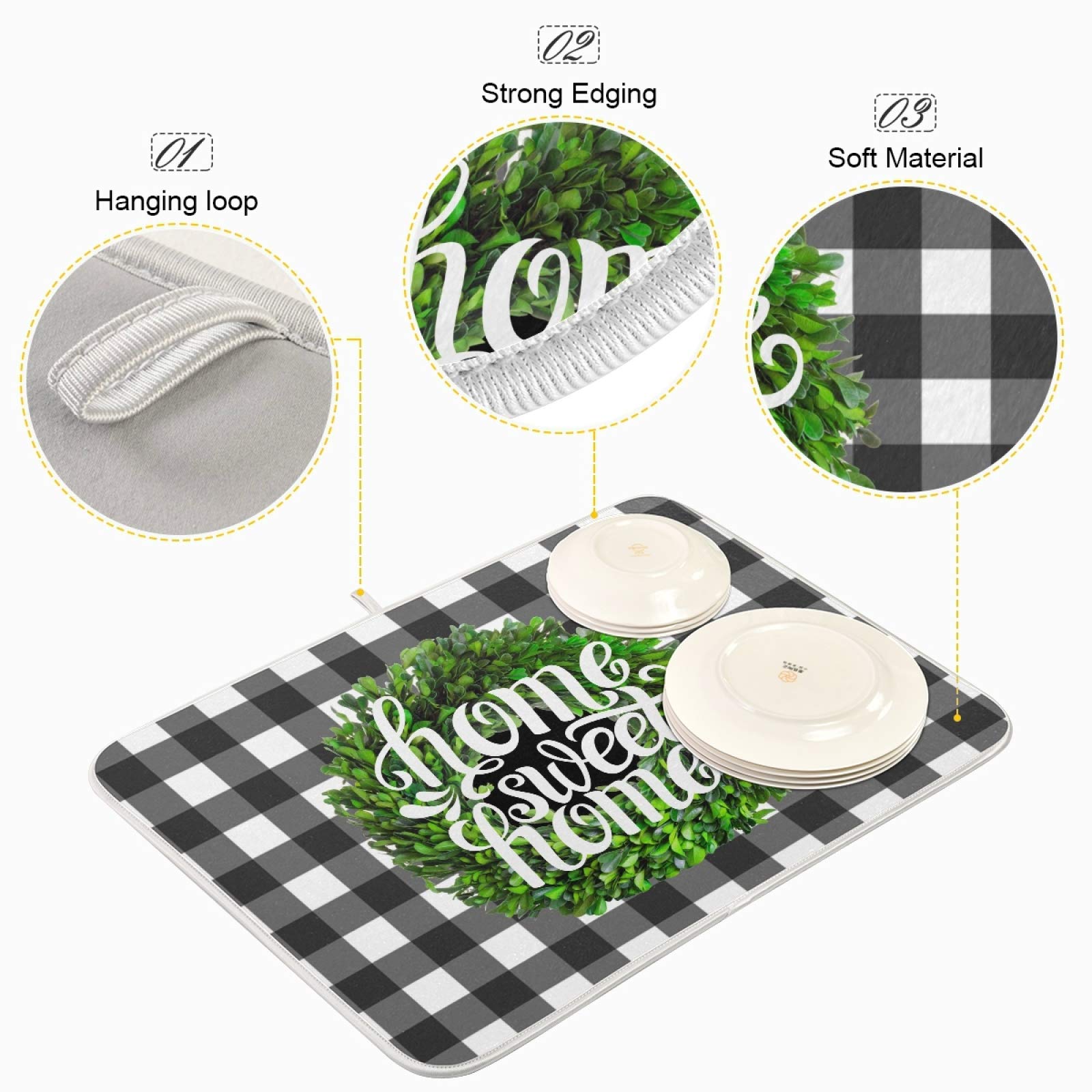 Kcldeci Boxwood Wreath Dish Drying Mat For Kitchen 18X24 Inch Buffalo Plaid Check Dish Drying Pad Dish Rack Drainer Pad Dish Mat