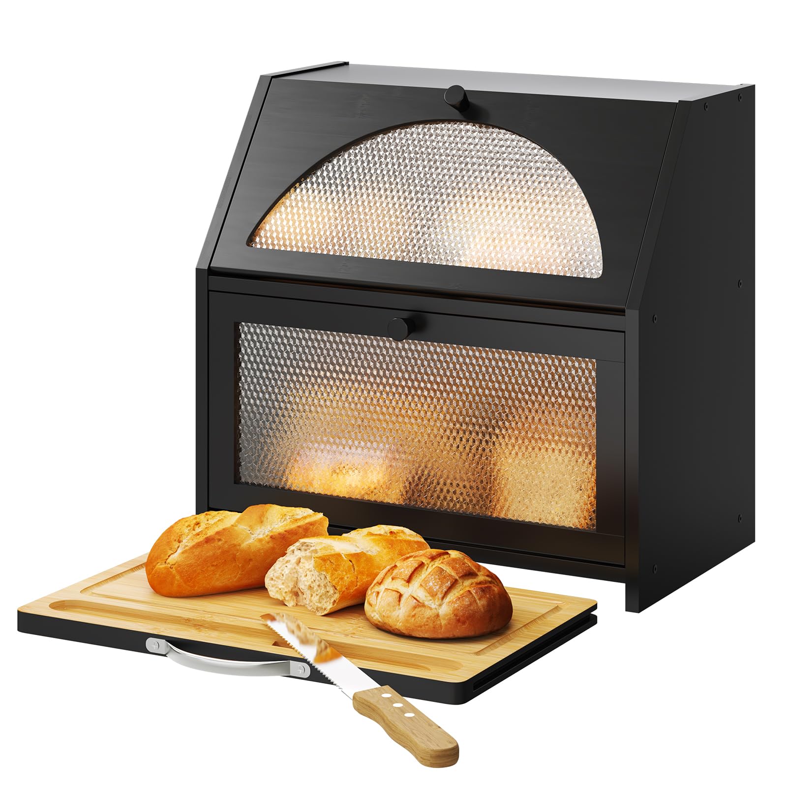 STDDRE Double Layer Bamboo Corner Bread Box with Cutting Board(Black)