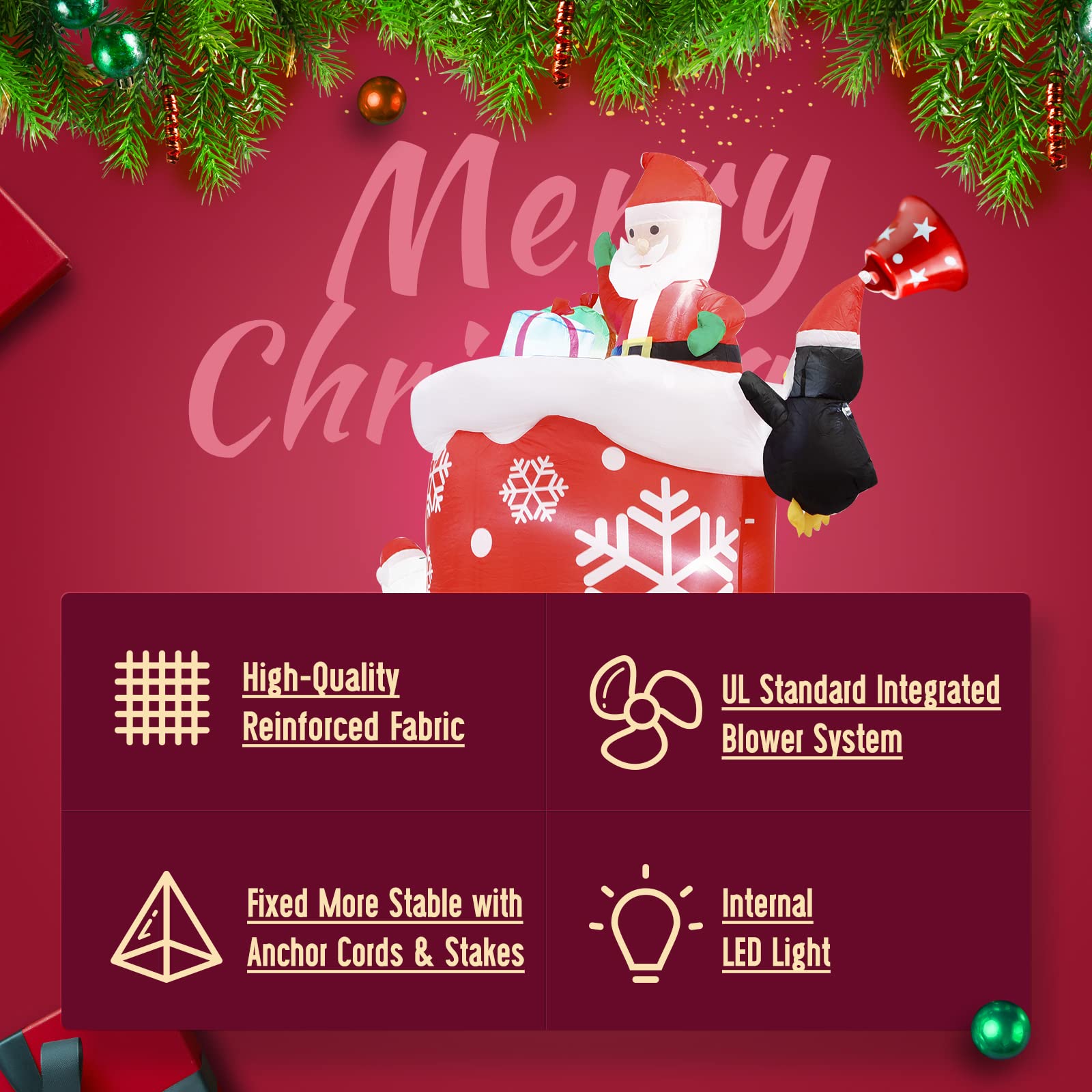 ASTEROUTDOOR 8FT Christmas Inflatable Decoration Bear Sitting on The Sock with Santa and Gift Box, Holliday Decoration, LED Ligh