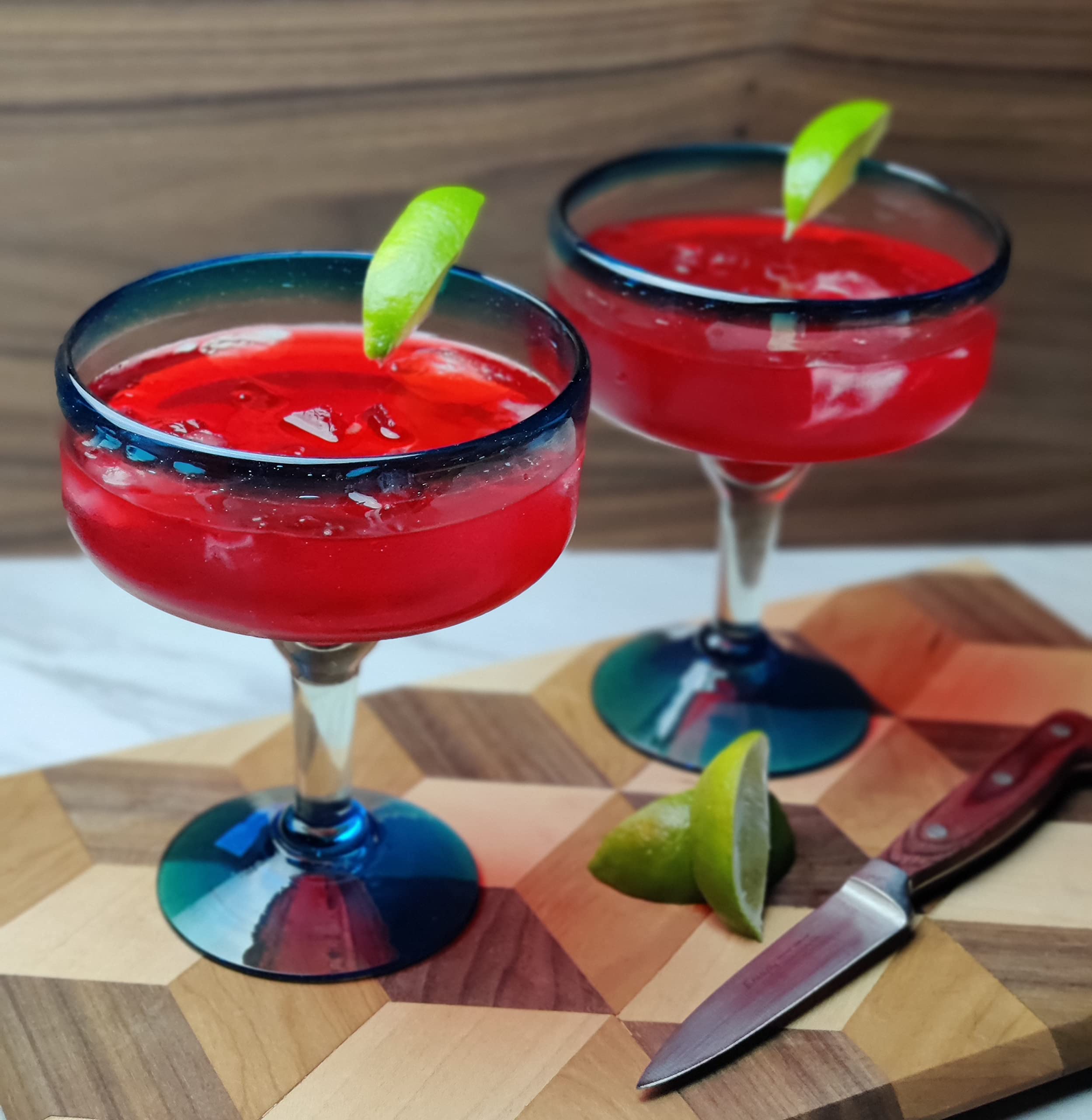 Mexican Hand Blown Glass - Set Of 4 Hand Blown Margarita Glasses (16 Oz) With Aqua Blue Rims