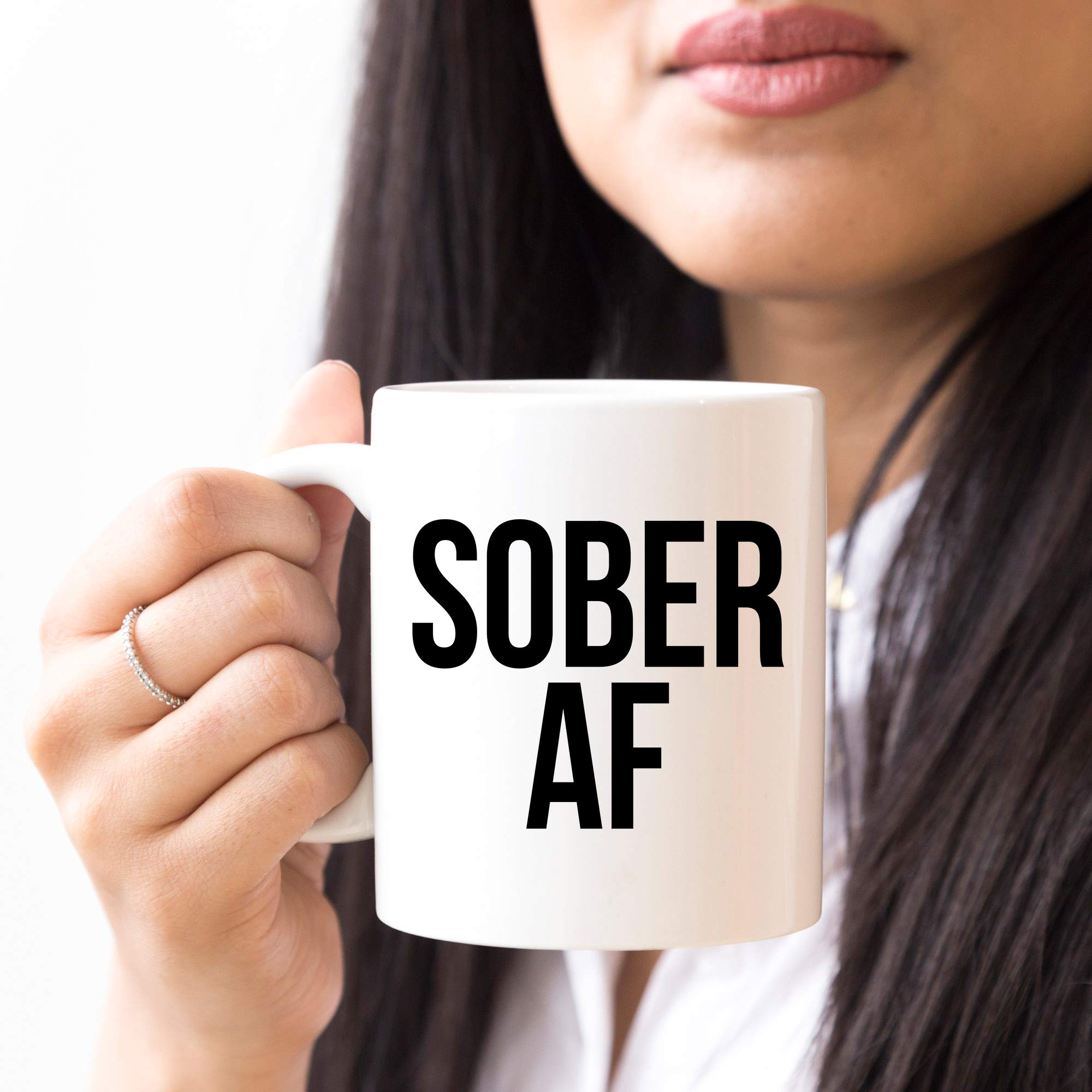 YouNique Designs Sober AF Coffee Mug, 11 Ounces, White, 1 Year Sobriety Gifts for Women and Men (White)