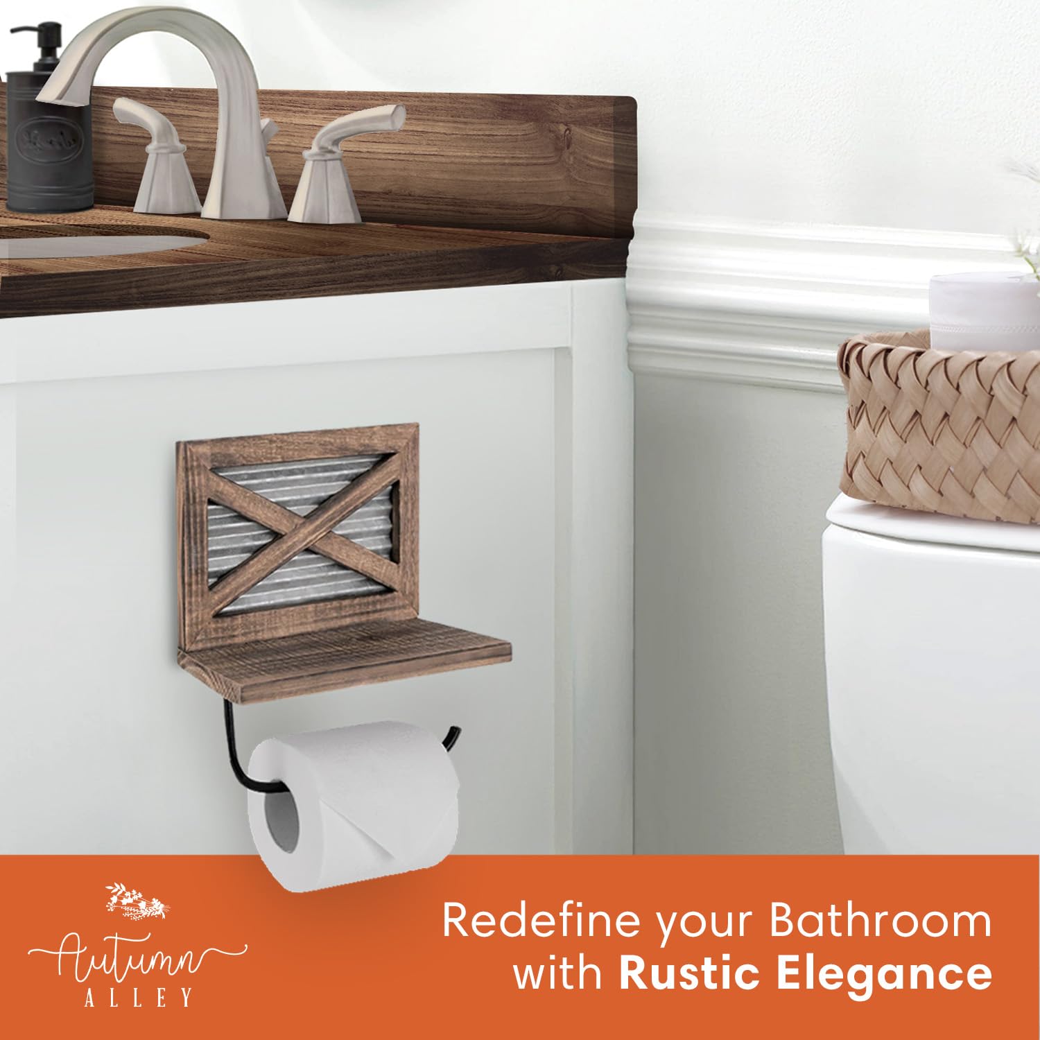 Autumn Alley Farmhouse Toilet Paper Holder With Shelf - Rustic Unique Accessories And Western Bathroom Decor Wall Mounted, Brown