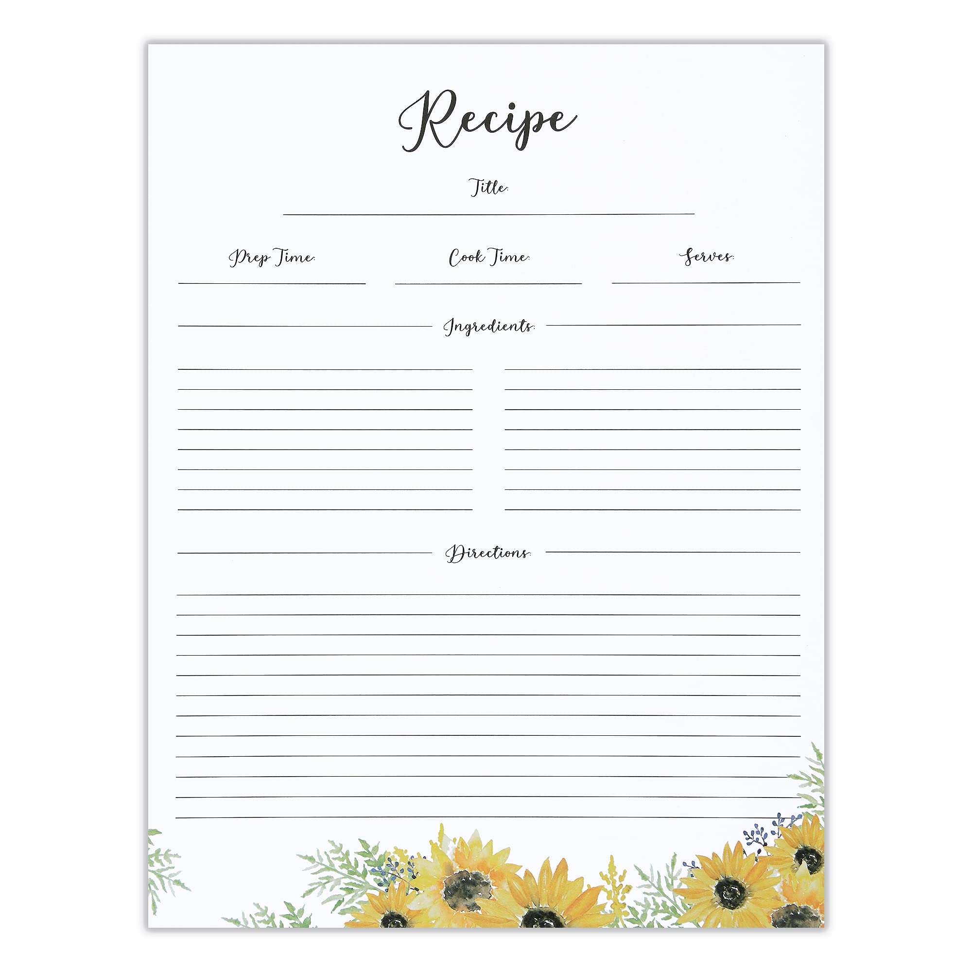 Outshine Premium Recipe Paper For 8.5'' X 11'' Recipe Binders, Sunflower Design (50 Sheets) | Refill Pages For Recipe Binder | N
