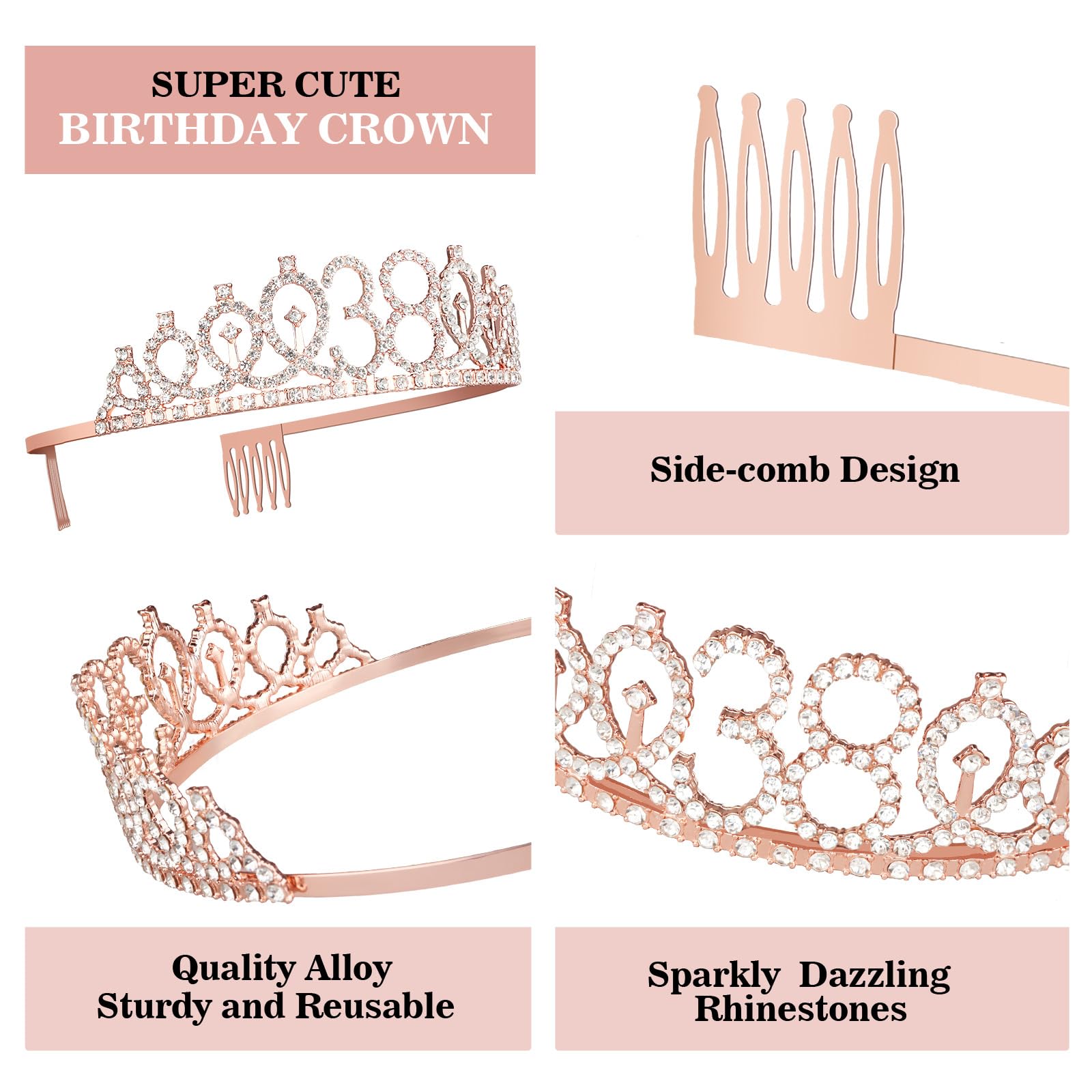 38Th Birthday Decorations For Women Including 38Th Birthday Sash, Tiara/Crown, Numeral 38 Candles And Cake Topper, Rose Gold 38T