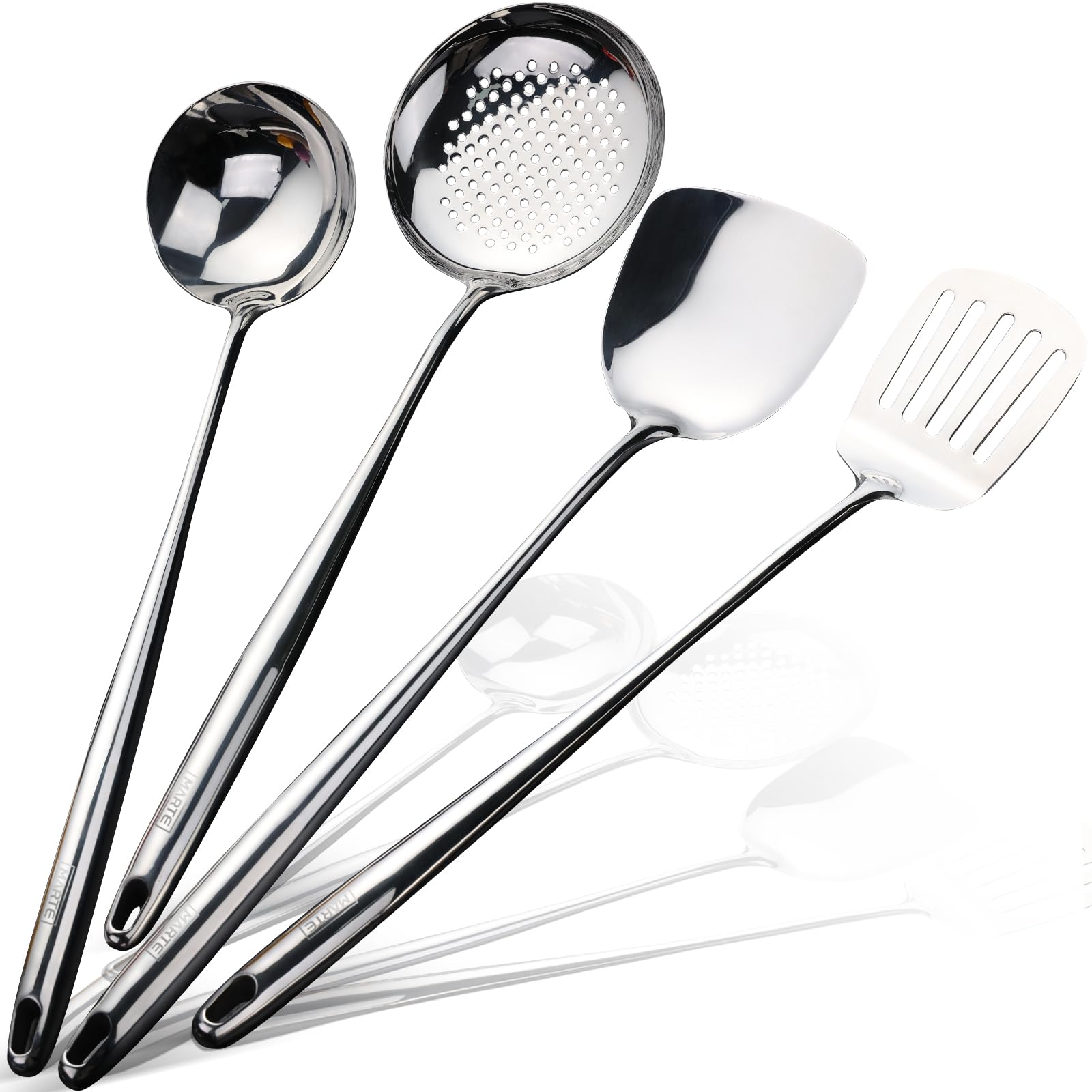 Wok Spatula And Ladle,Skimmer Slotted Spoon Set - Mirror Polished Asian Wok Cooking Tools - 18/8 Stainless Steel Wide Wok Spatul