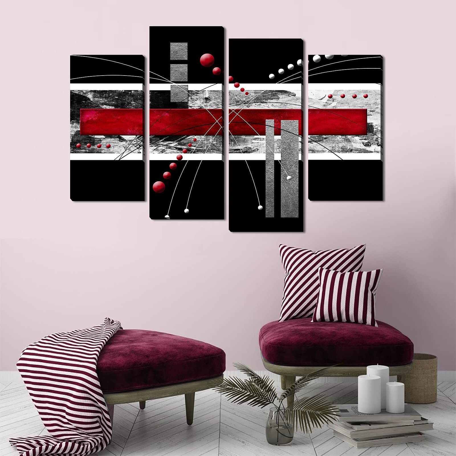 Ypy Large Black Red Canvas Wall Art - 4 Panels Modern Abstract Picutre Set For Home Decoration - Contemporary Painting Artwork R