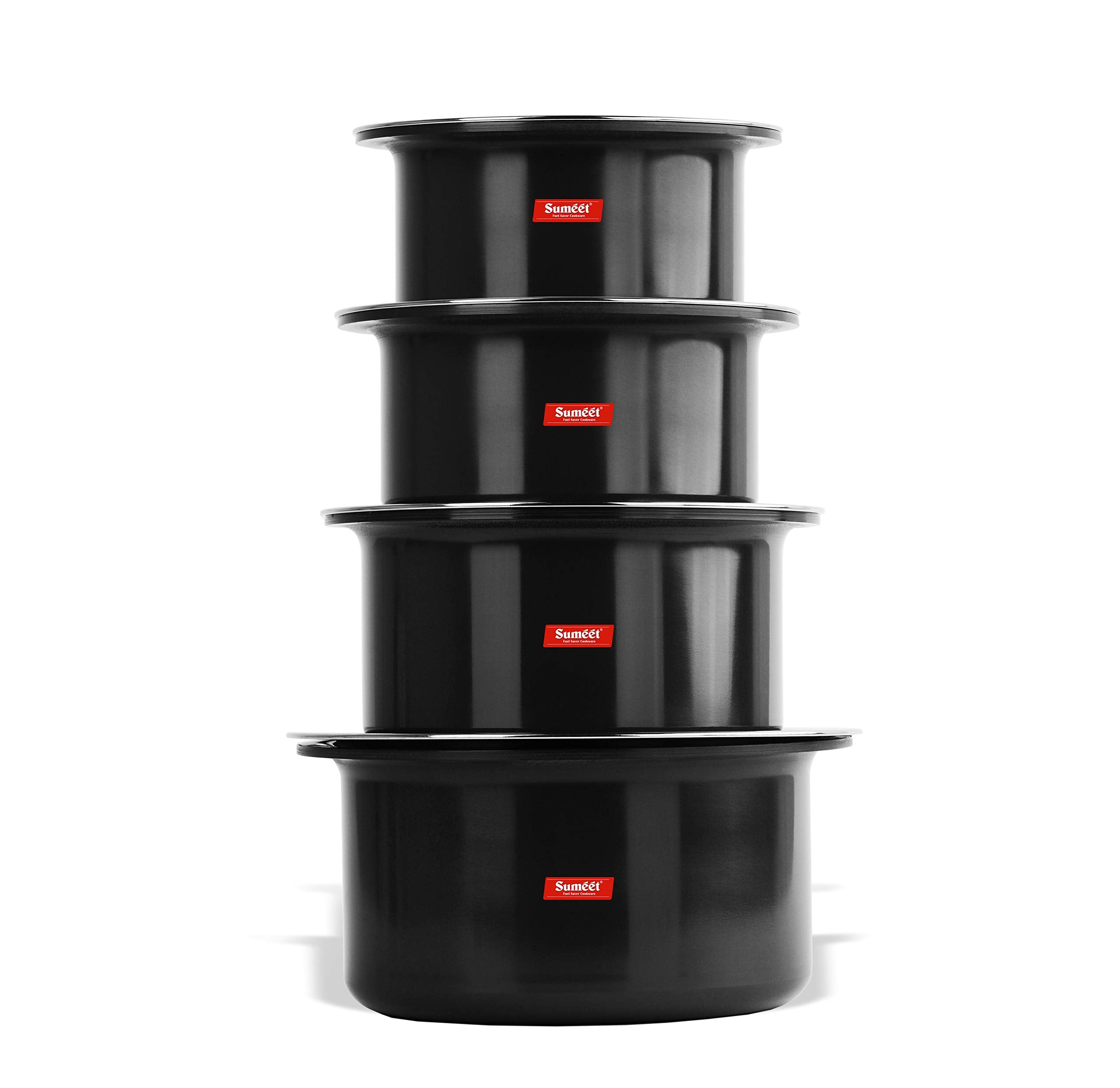 Sumeet 3Mm Thick Hard Aluminium Black Anodised Large Size Tope Set Of 4Pc With S. S. Lid (Size No. 15 -3.50Ltr, No. 16 - 4.250 L
