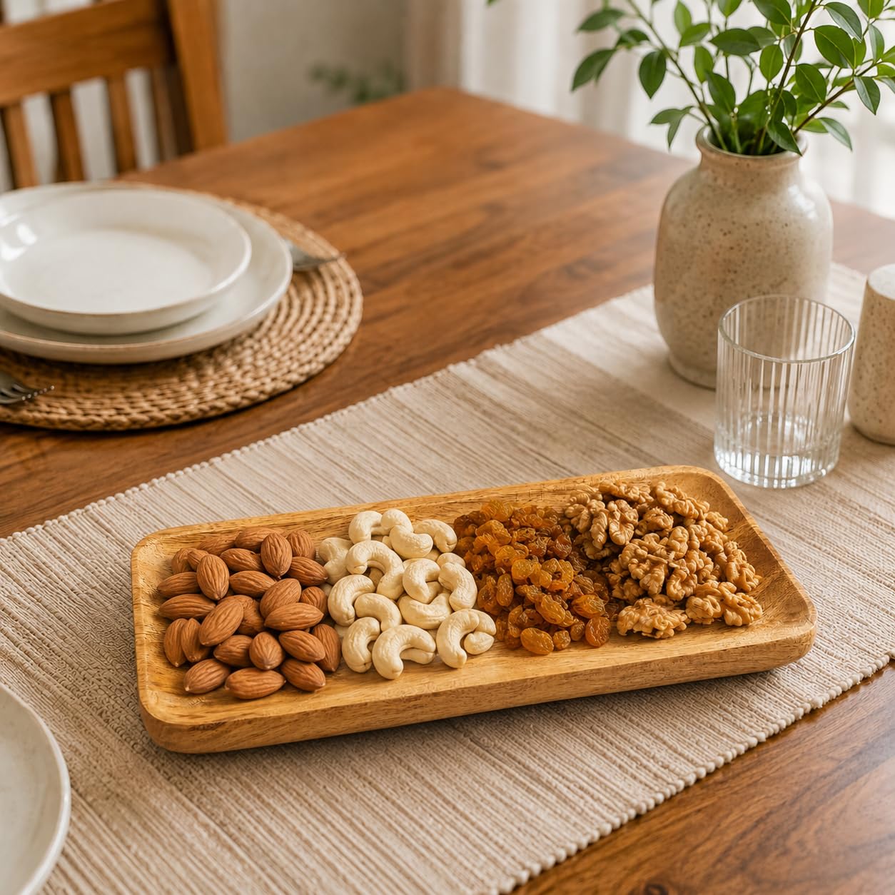 Auranest Decors Rectangular Wooden Serving Tray, Solid Wood | Rounded Corners, Natural Wood Finish, Shallow Depth, Multipurpose 