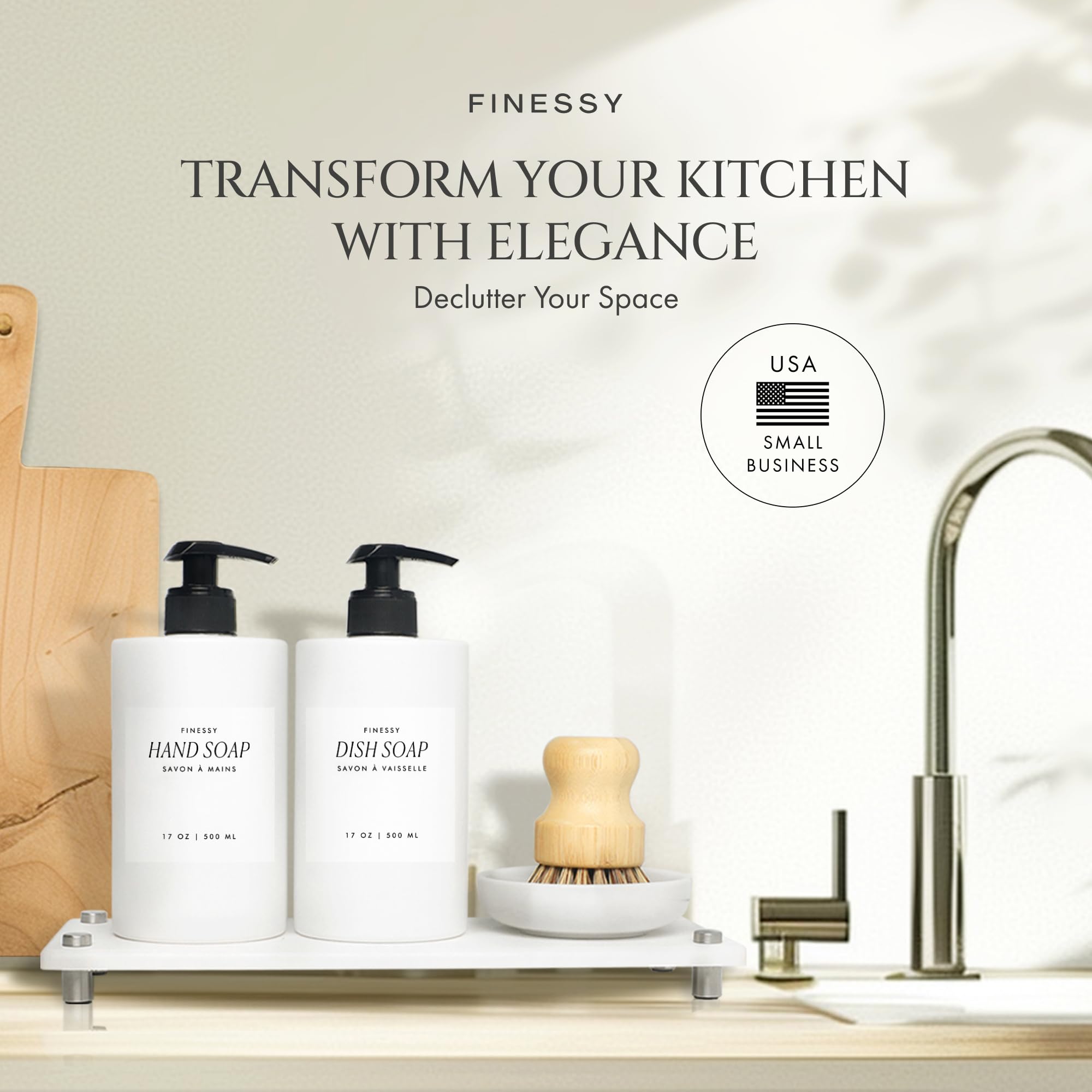 Luxe White Kitchen Soap Dispenser Set With Tray And Dish Brush, Refillable Hand And Dish Soap Dispenser Set Bottles With Pump Fo