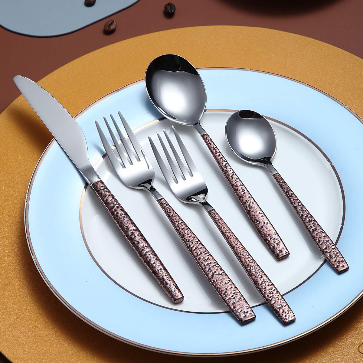 Berglander Silverware Set 20 Pieces With Moon Surface Handle And Shiny Mouth, Stainless Steel Modern Flatware Set Utensils Set C
