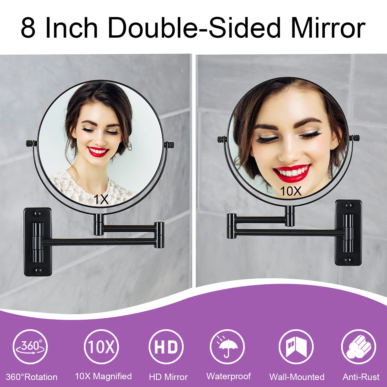 Lansi Wall Mounted Makeup Mirror - 1X/10X Magnifying Mirror 360 Extendable Arm Mirror For Makeup, 8 Inch Double Sided Vanity Mir