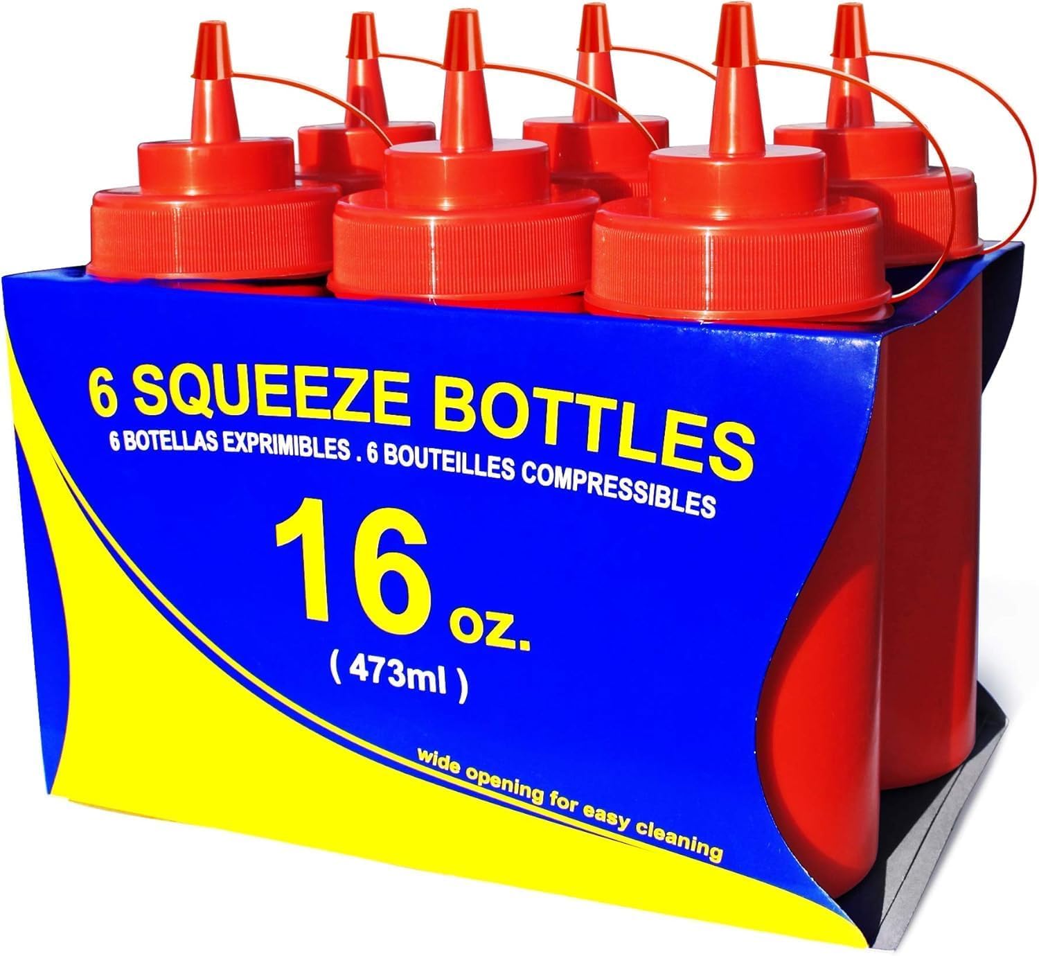 New Star Foodservice 16 oz Red Squeeze Bottle, Wide Mouth, Pack of 6