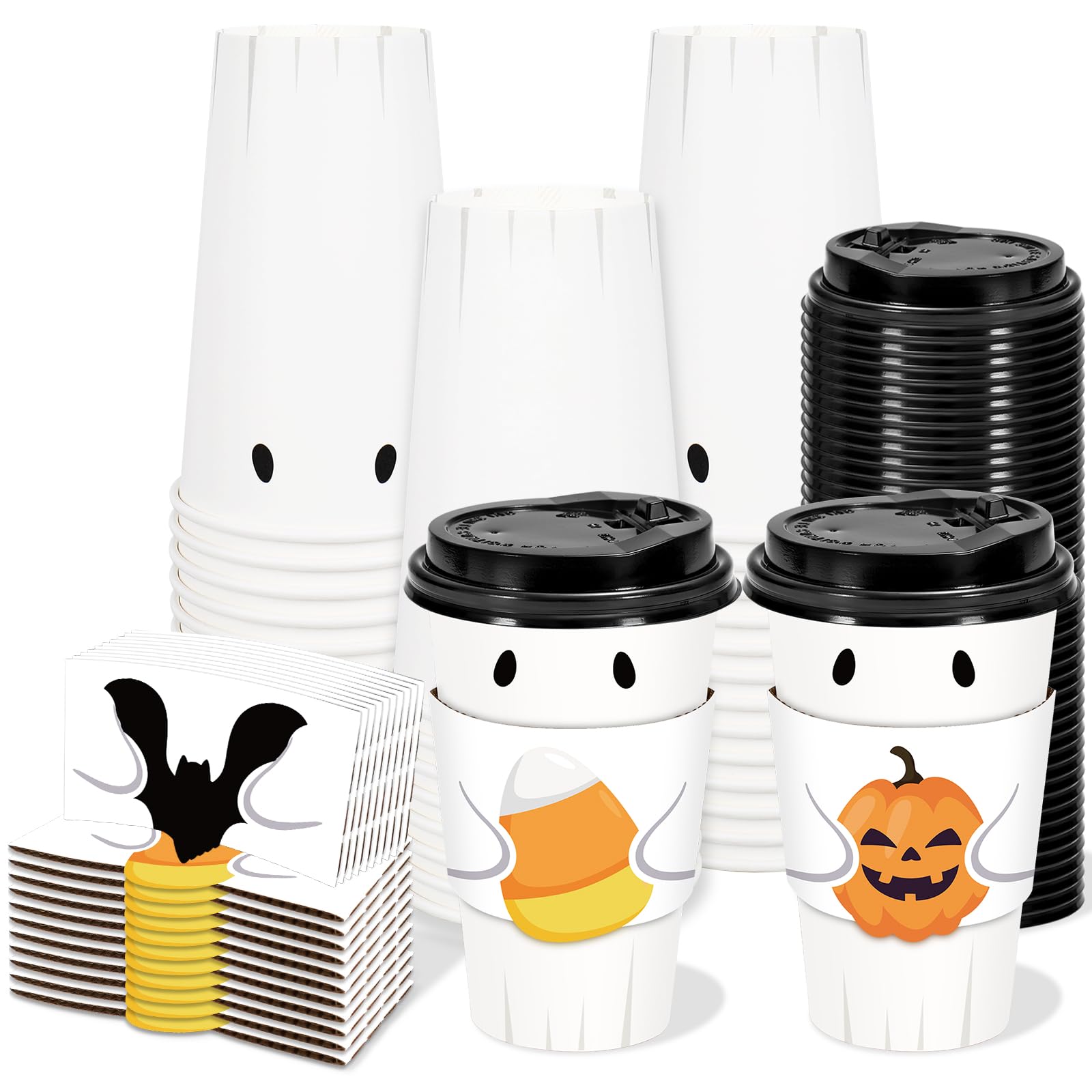 Whaline 60 Set Halloween Disposable Coffee Cups with Lids and Bat Candy Cone Pumpkin Sleeves 16 Oz Ghost Paper To Go Cups for Tr