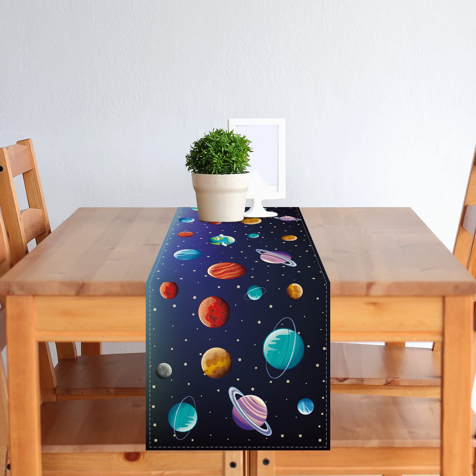 Linen Space Table Runner Glitter Solar System Planets Tablecloth Galaxy Stars Starry Night Home Kitchen Table Decorations And Su