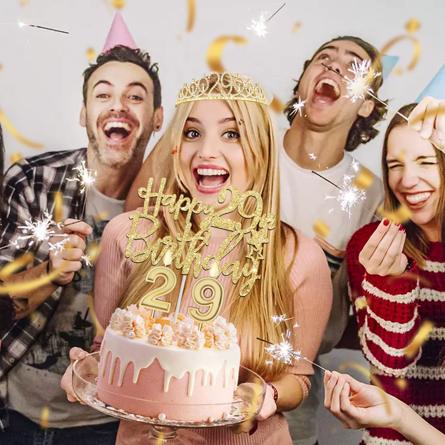 29th Birthday Decorations for Women Gold with 29th Birthday Tiara and Sash, Cake Topper and Candles, Number Balloons, 29 Year Ol