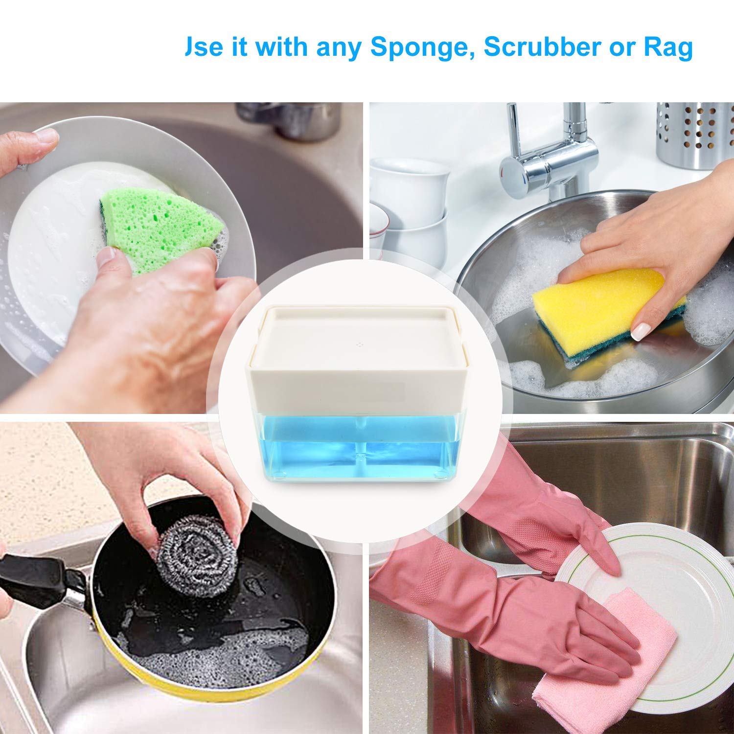 Soap Dispenser - Premium Quality Dish Soap Dispenser for Kitchen - Sponge Holder Sink Dish Washing Soap Dispenser 13 Ounces White