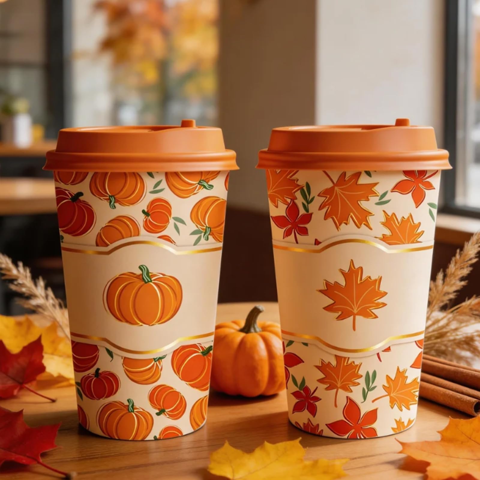 JarThenaAMCS 50 Set Fall Disposable Coffee Cups with Lids Gold Foil Pumpkin Maple Leaves Paper Cup Orange Seasonal Drinking Cups