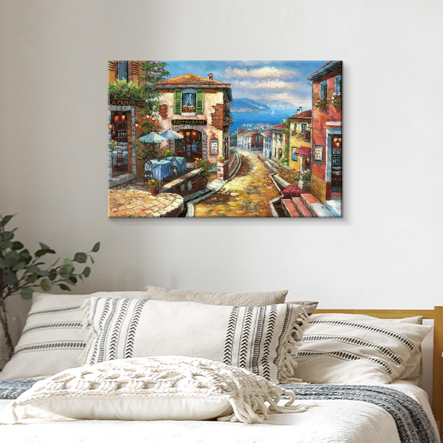Utop-Art Coastal Cityscape Oil Painting Artwork: Italian Town Canvas Wall Art Mediterranean Style Street Painting For Living Roo