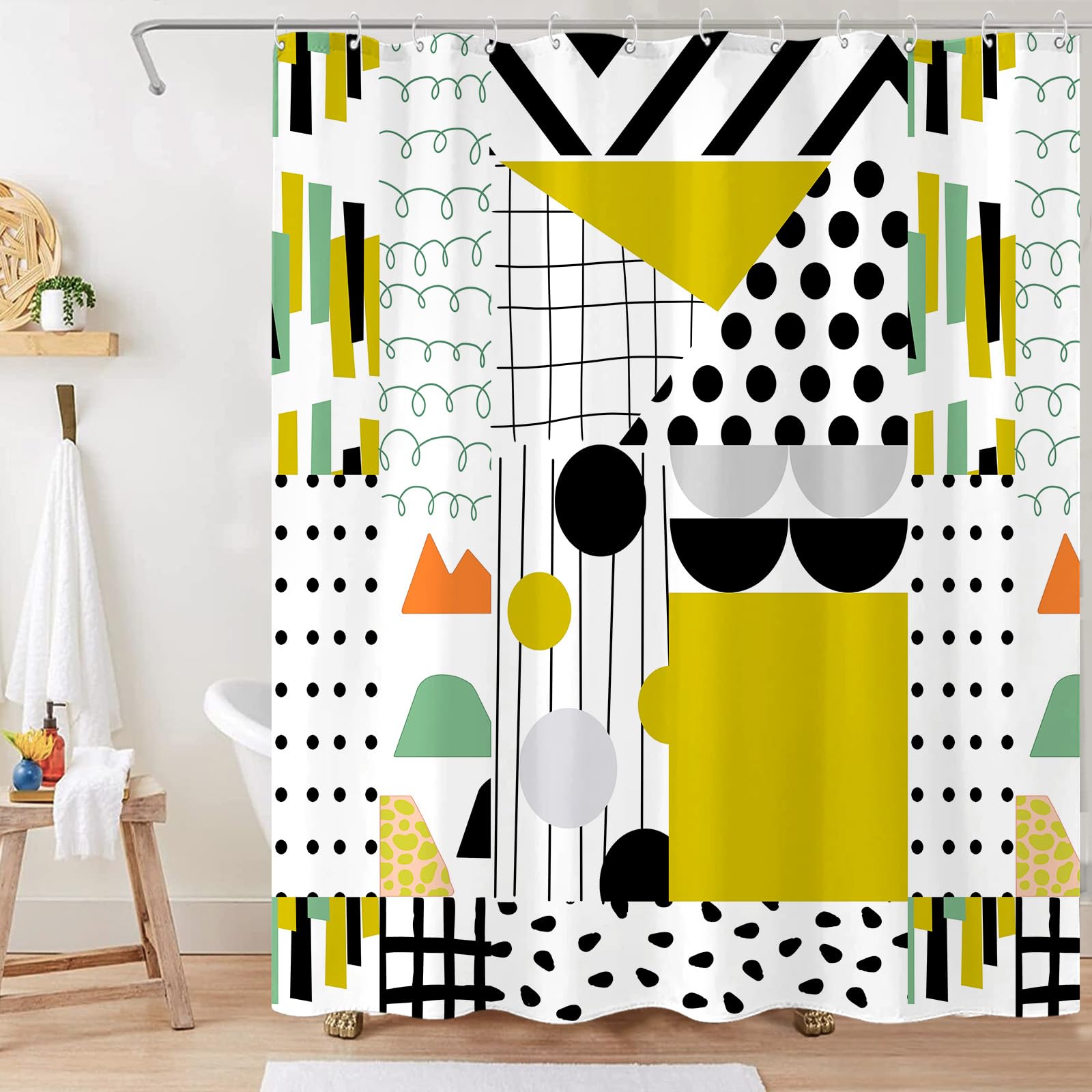 Zussun 84 Inch Extra Long Bright Geometric Shower Curtain Mid Century Modern Shower Curtains for Bathroom Abstract Yellow Black White Waterproof Fabric Bath Curtain with Hooks (Yellow2  72'' x 84'')