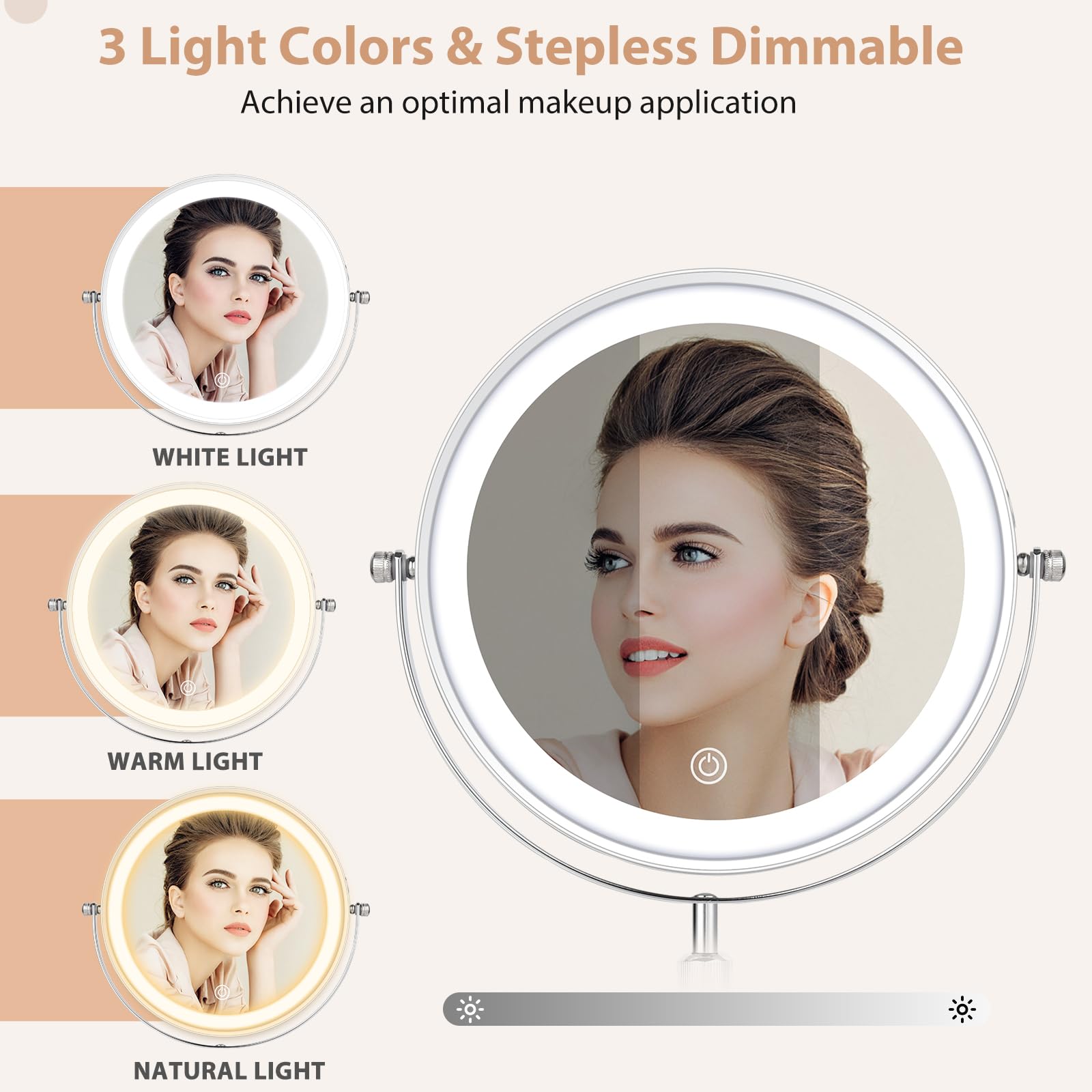 Ffowcye 8'' Lighted Makeup Mirror With Adjustable Height, 1X/10X Magnification, Rechargeable Led Vanity Mirror With 3 Color Mode