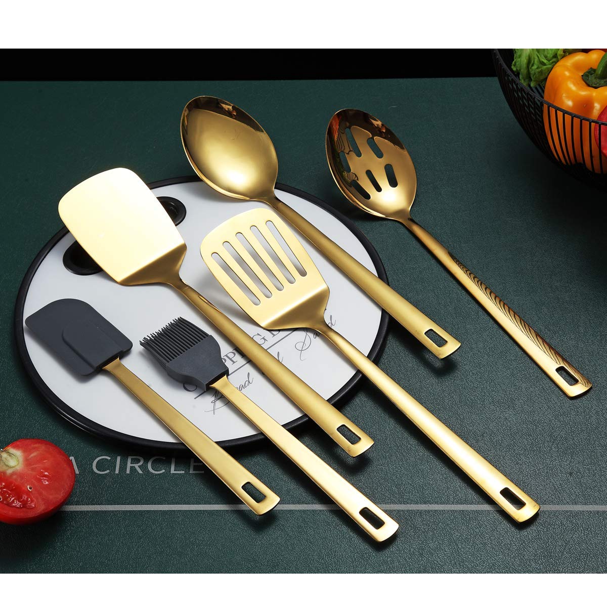 Gold Cooking Spoons, Berglander 6 Pieces Spatula Set Stainless Steel, Metal Spatula, Serving Spoon, Kitchen Tools Set Non-Stick