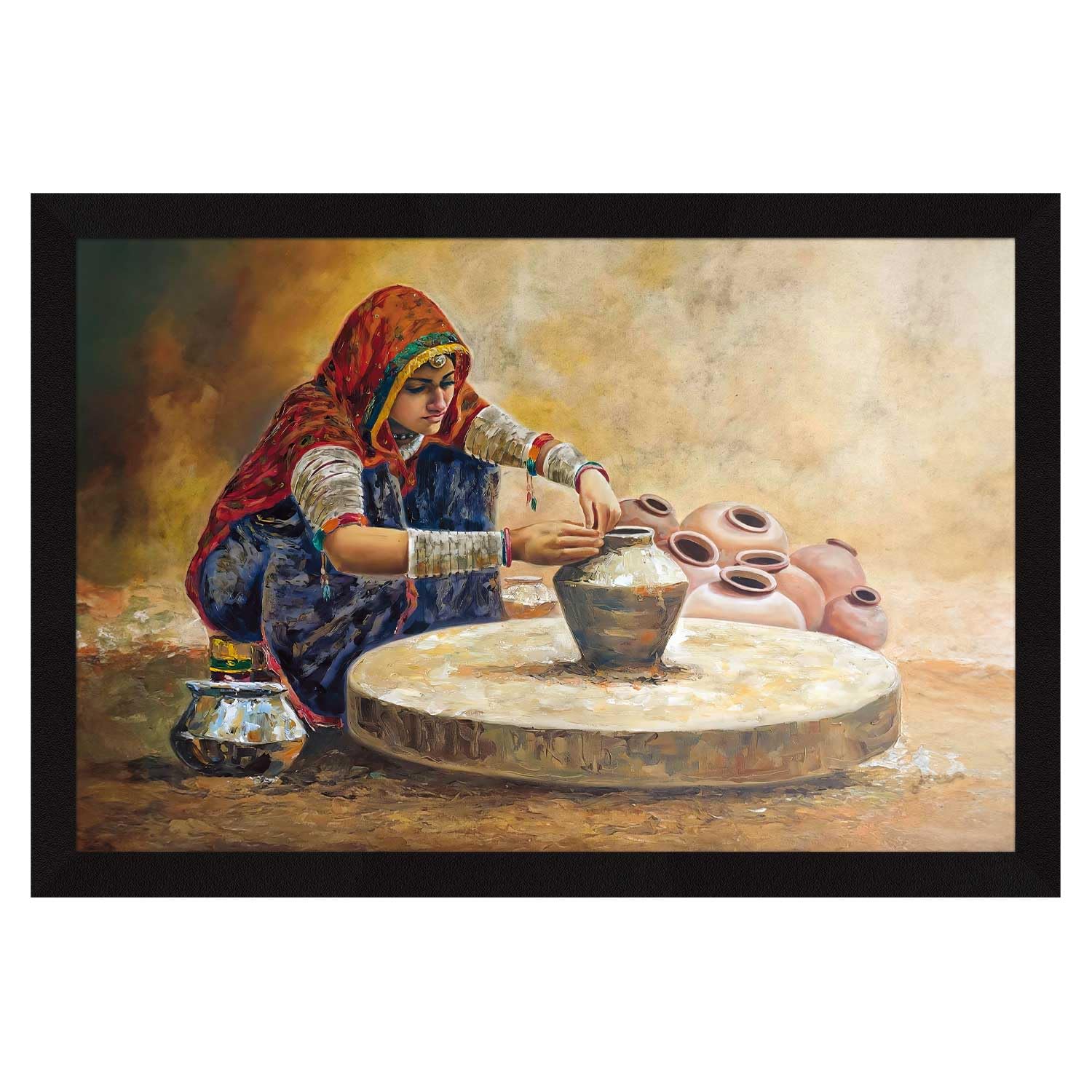 Artx Paper Rajasthani Village Women Framed Wall Art Painting, Wall Decor For Living Room, Multicolor, Nature, 12 X 18 Inches, Se