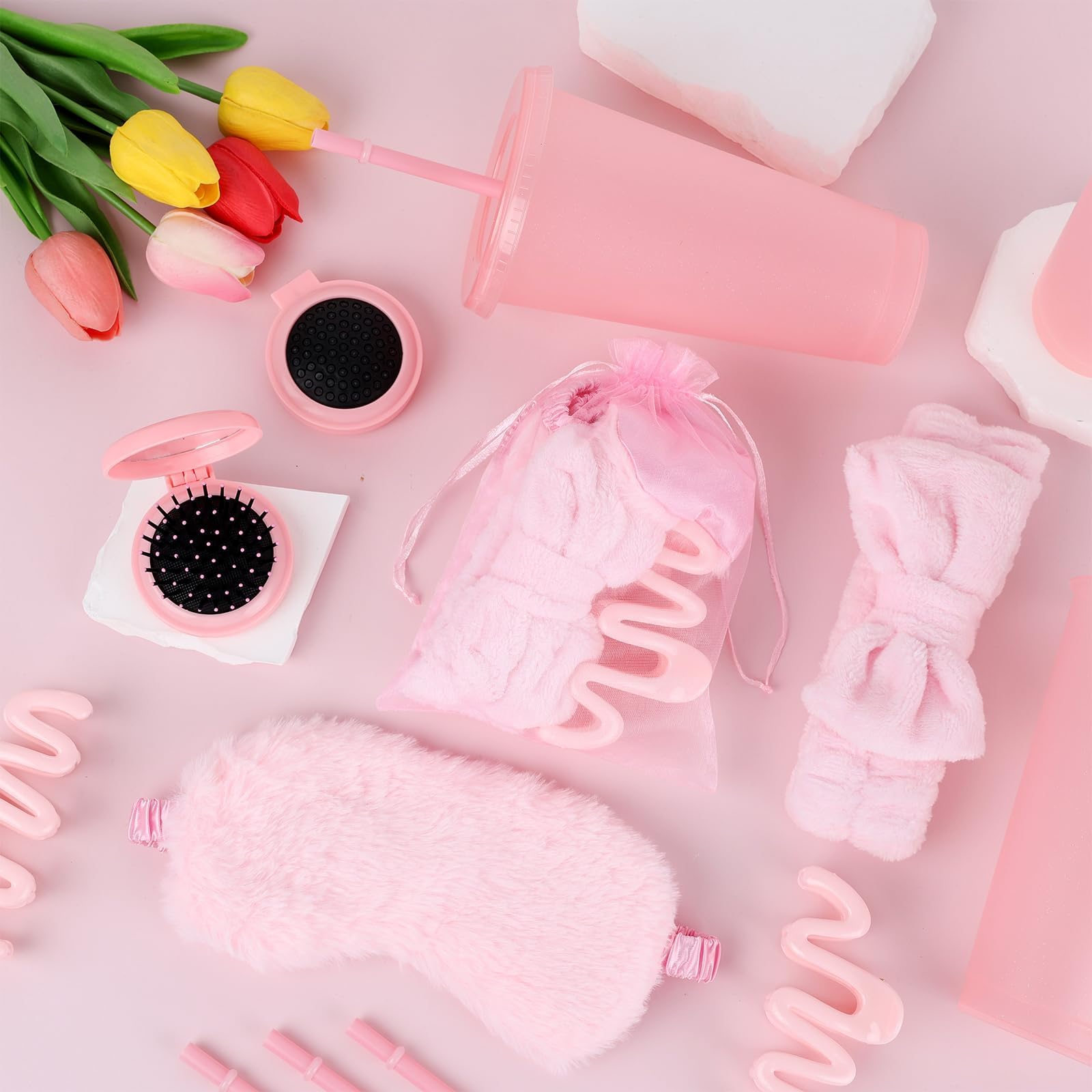 36 Pcs Spa Sleepover Party Supplies for Girls Makeup Party Favor with 6 Headband 6 Eye Masks 6 Pink Plastic Cups 6 Mirror 6 Hair