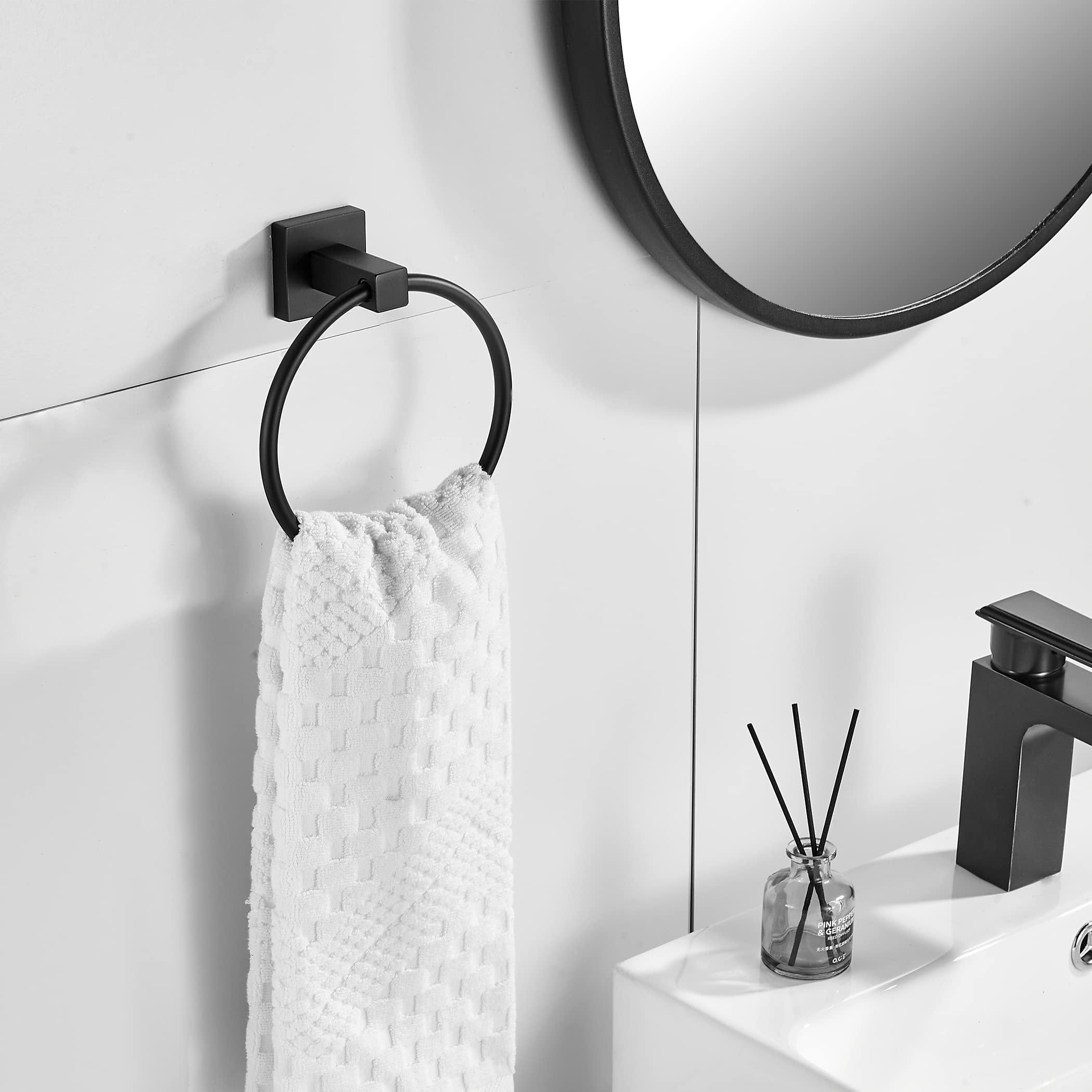 Wolibeer Black Towel Ring, Matte Hand Towel Holder Wall Mount, Bathroom Round Towel Hanger For Bath Toilet Kitchen Stainless Ste