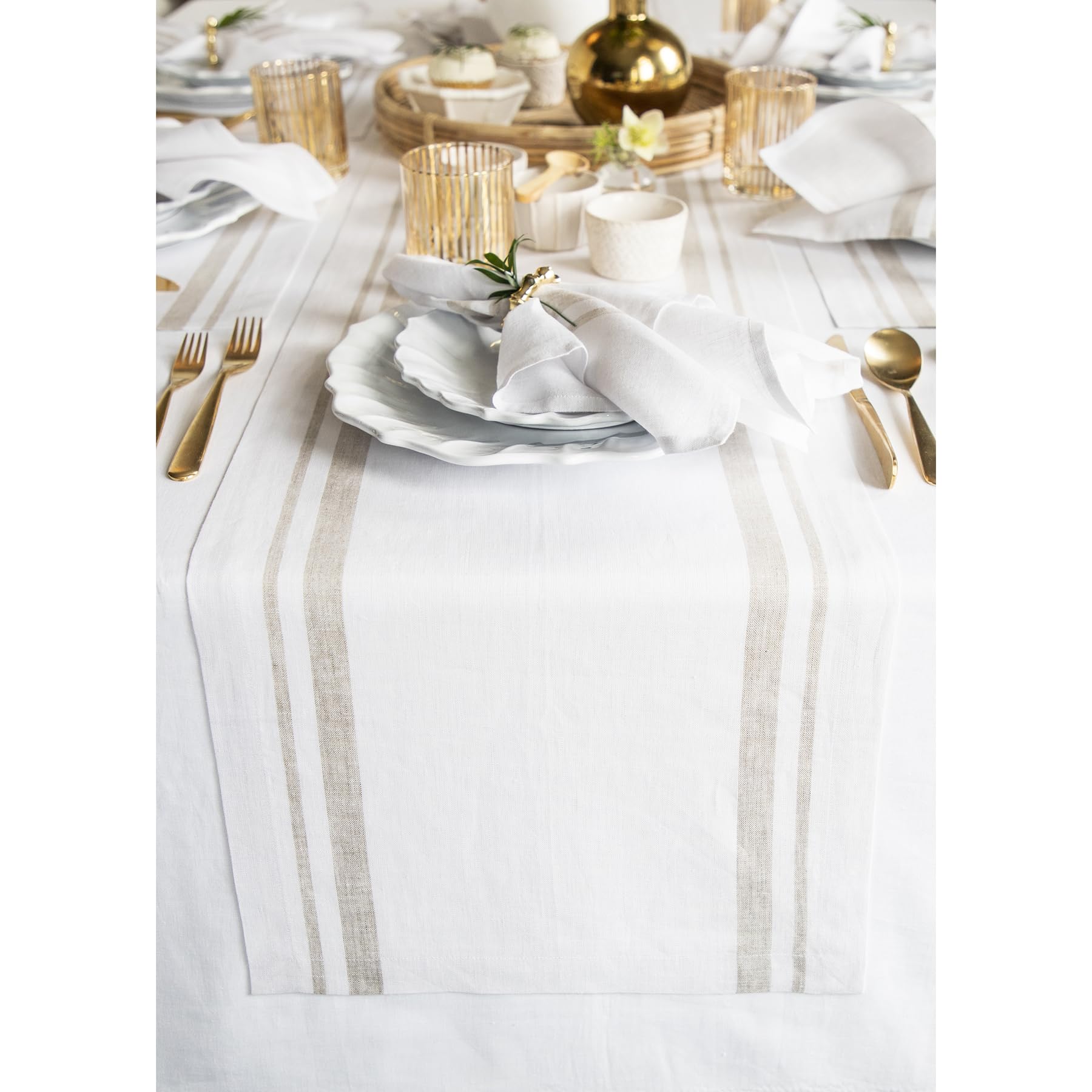 Solino Home Stripe Linen Table Runner 120 Inches Long - 100% Pure Linen Natural And White Table Runner 14 X 120 Inch - French St