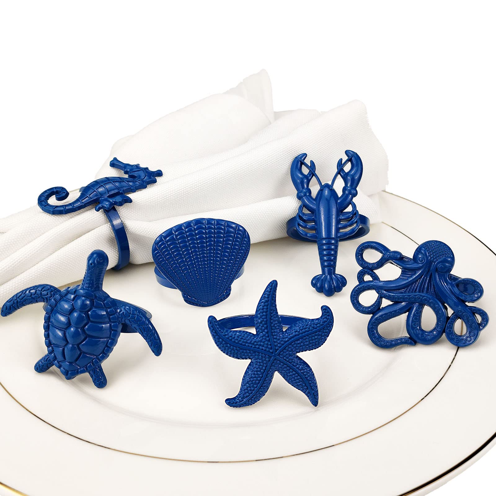 Yhridcaz 6 Pcs New Coastal Sea Creatures Different Ocean Style Metal Napkin Rings Blue Nautical Serviette Holder Rings For Home