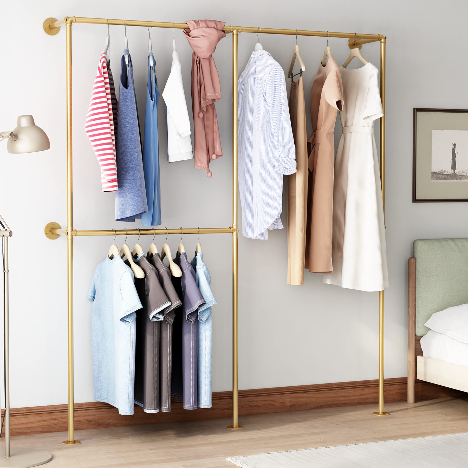 Dr.Iron Industrial Pipe Gold Clothing Racks With Double Bar, Industrial Pipe Clothes Racks Wall Mounted, Heavy Duty Gold Closet