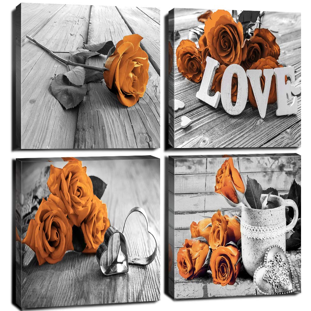Black And White Bedroom Wall Decor Orange Rose Canvas Prints Art Aesthetic Flower Painting Picture 4 Pcs Sets Accessories Gray W