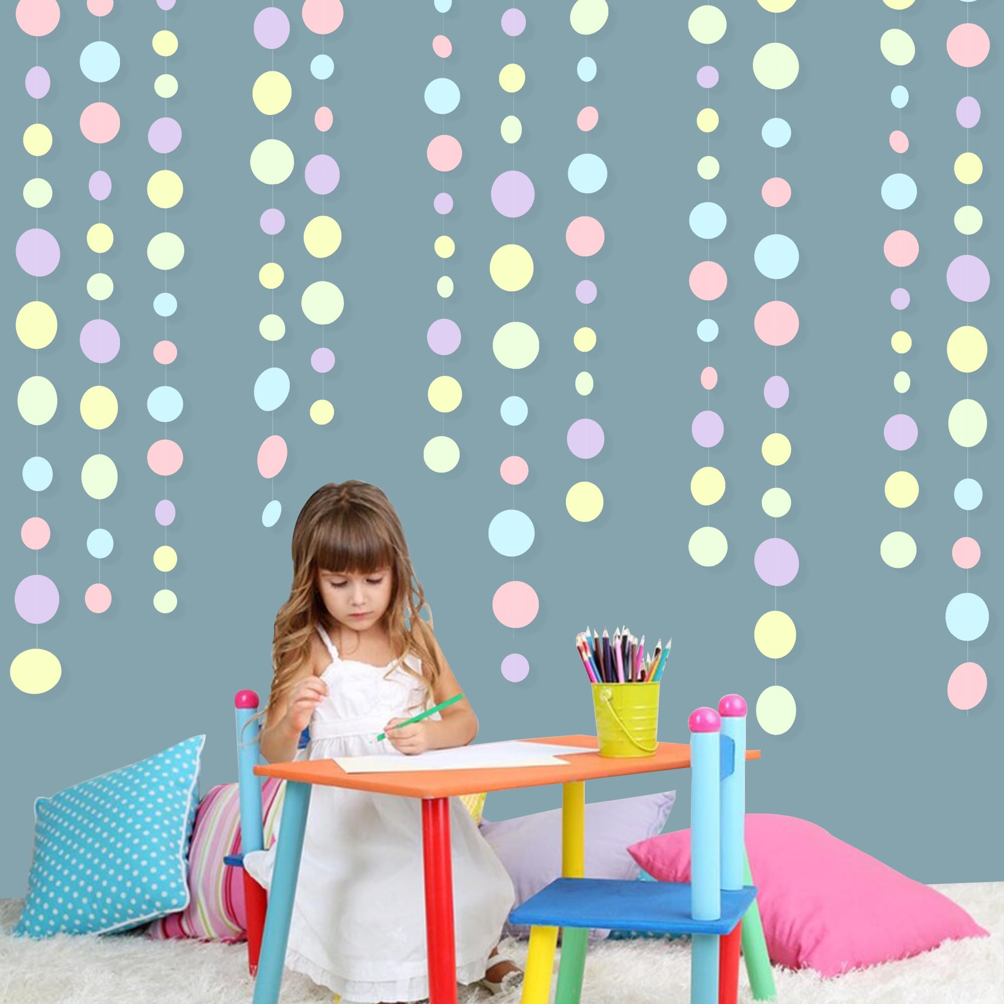 Pastel Party Decorations Blue Purple Pink Yellow Green Circle Dots Garland Hanging Paper Polka Dot Streamer For Birthday Baby Sh