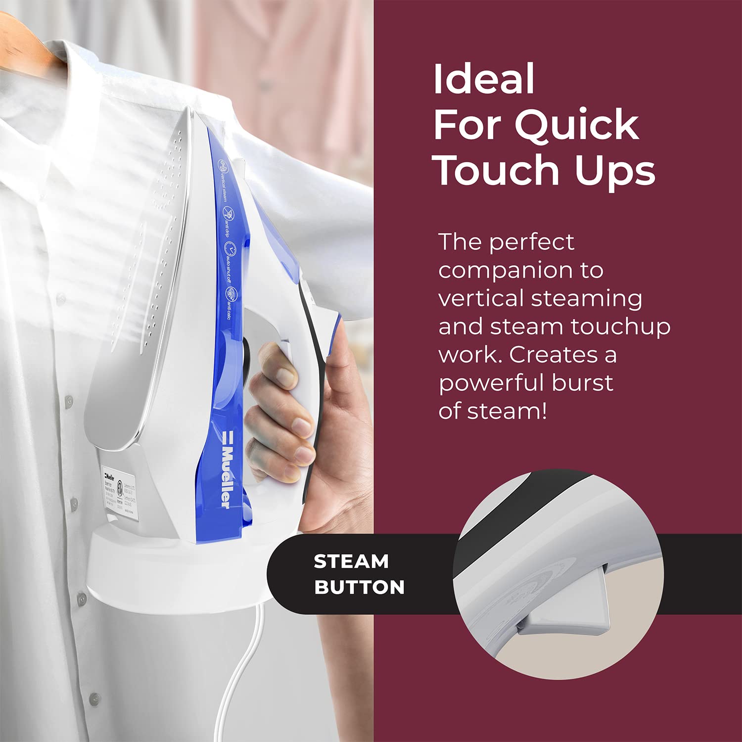 Mueller Professional Grade Steam Iron, Retractable Cord For Easy Storage, Shot Of Steam/Vertical Shot, 8 Ft Cord, 3 Way Auto Shu